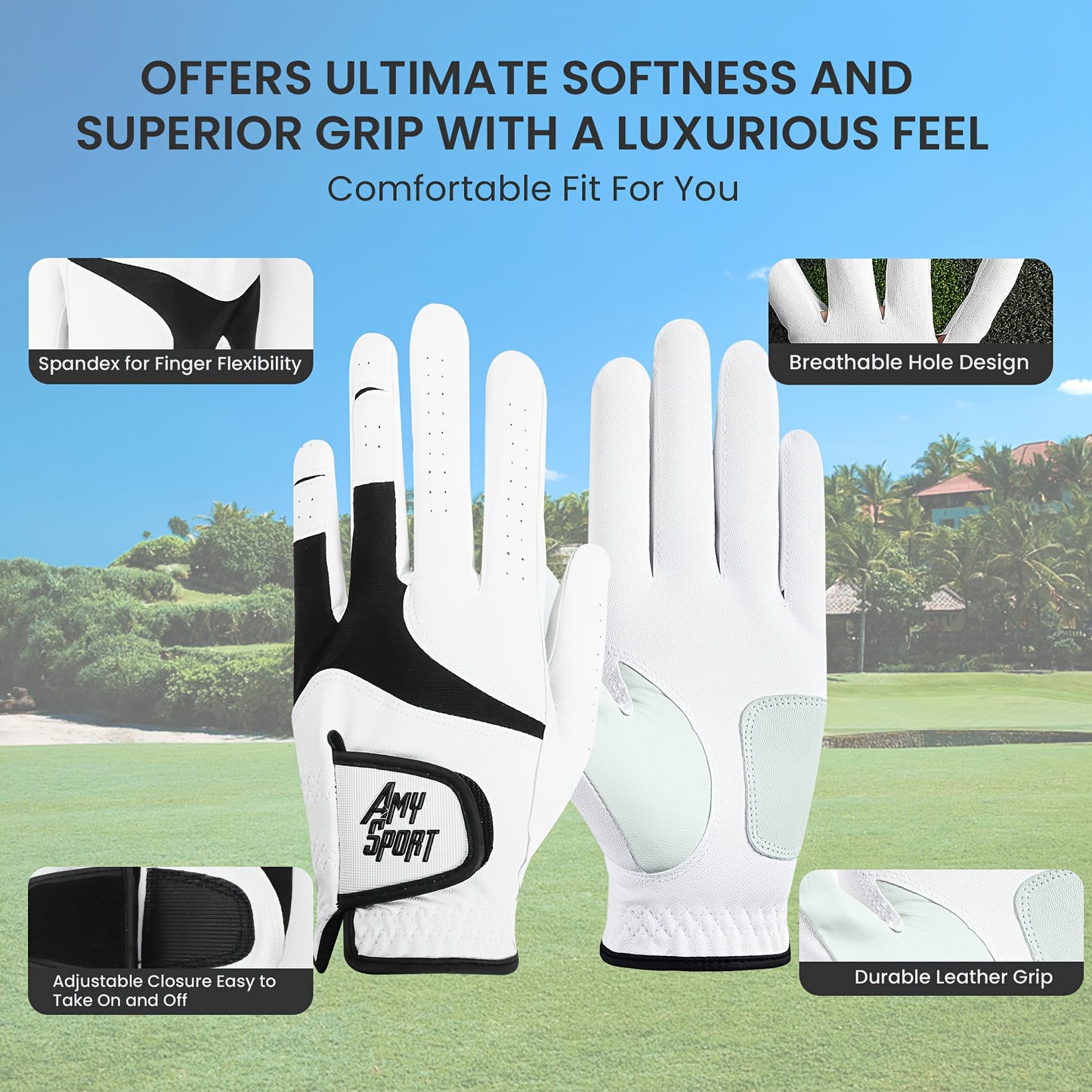 Golf Gloves Men Right Hand Left Hand Value 3 Pack, Premium PU With All Weather Grip For Serious Performance, Breathable & Comfortable Gift For Men