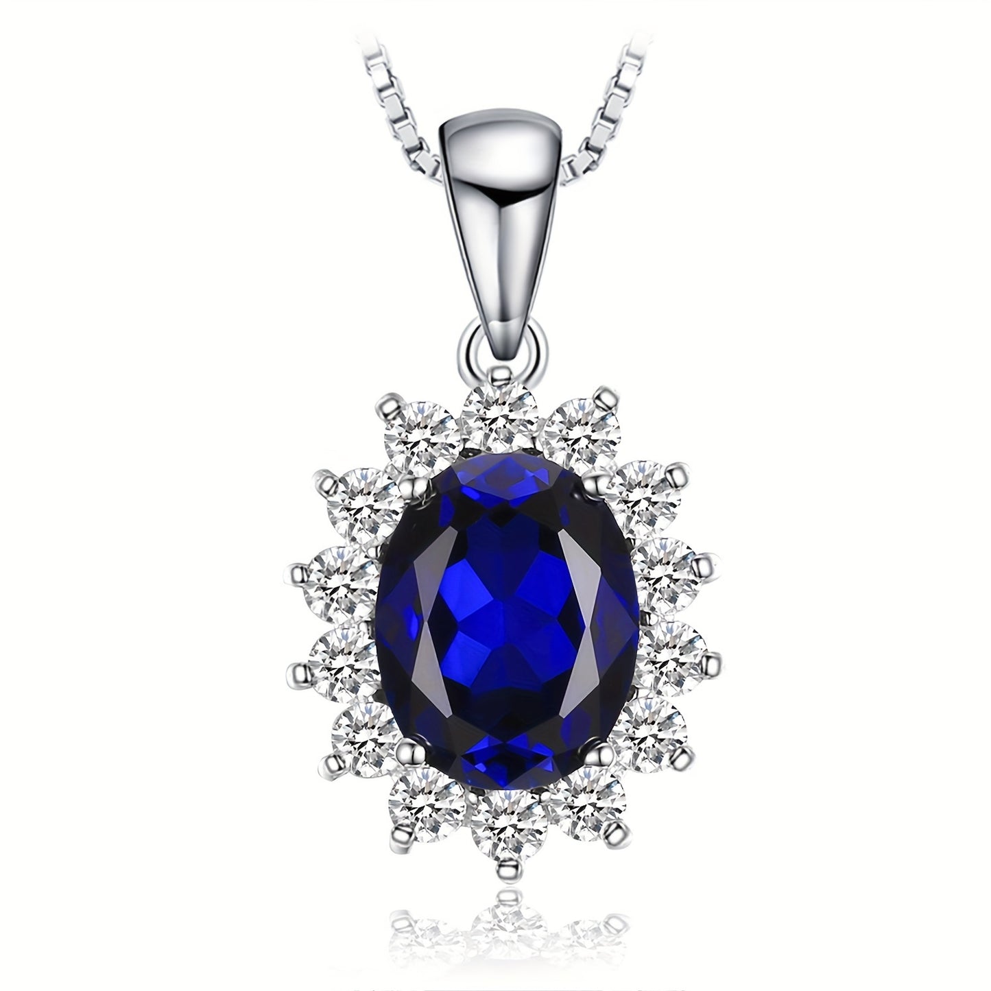 1pc 925 Sterling Silver Elegant And Glamorous Classic Design Exquisite Multi-faceted Oval Cut Created Blue Sapphire Birthstone Silvery Pendant Necklace For Women For Prom Party Banquet For Dating Gift Fine Jewelry