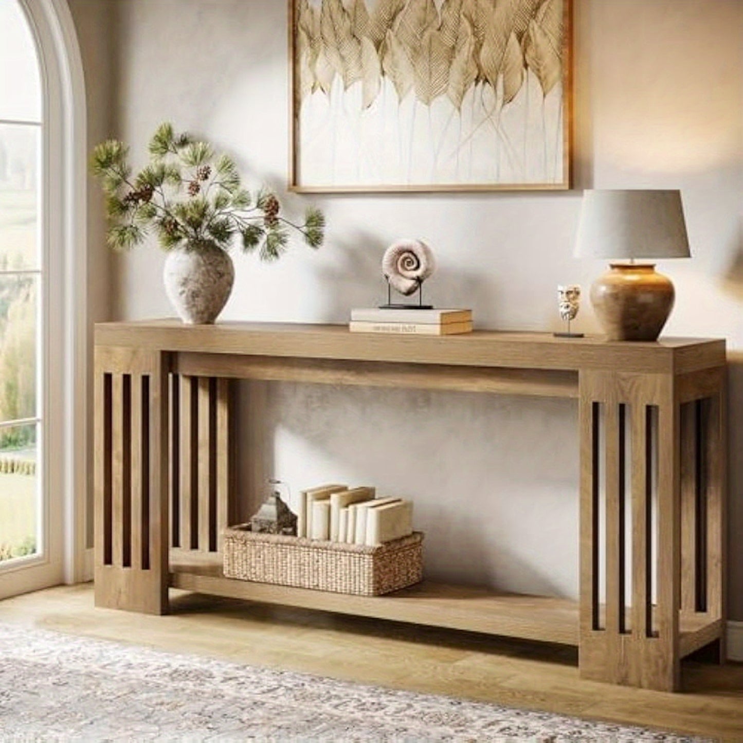 70.9" Extra Long Farmhouse Entryway Sofa Console Table with 2-Tier Storage & Vertical Stripe Legs - Light Brown Engineered Wood & Hardwood Construction, Space-Saving Modern Design for Hallway, Living Room, Entrance - Easy Ass