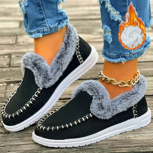 Women's Winter Slip-On Loafers with Faux Fir  Denim Blue EVA Sole, Indoor/Outdoor Winter Footwear