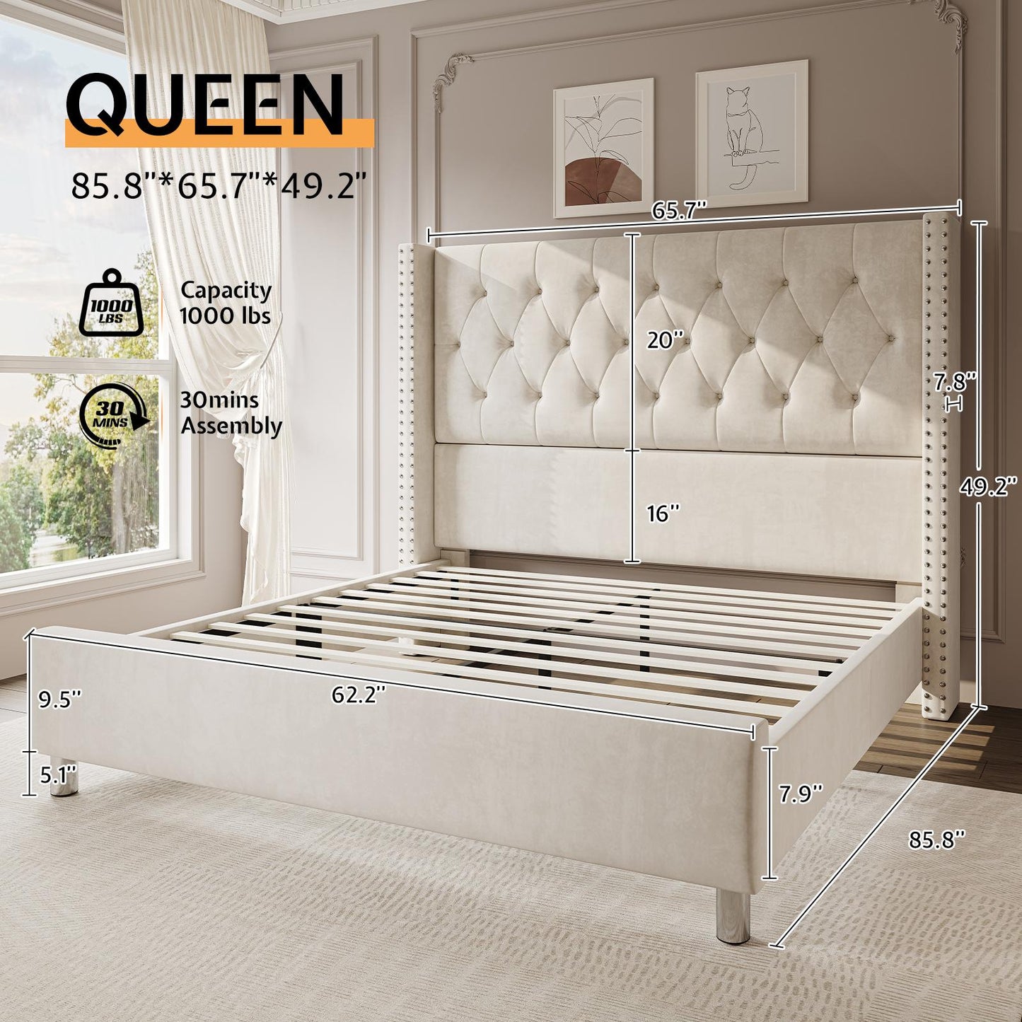 ALBOTT Modern Luxury Queen/King Size Upholstered Platform Bed Frame with 50" Tall Wingback Headboard - Dark Brown/Black Velvet, Button Tufted & Nailhead Trim, Sturdy, No Box Spring, Easy Assembly (Queen/King