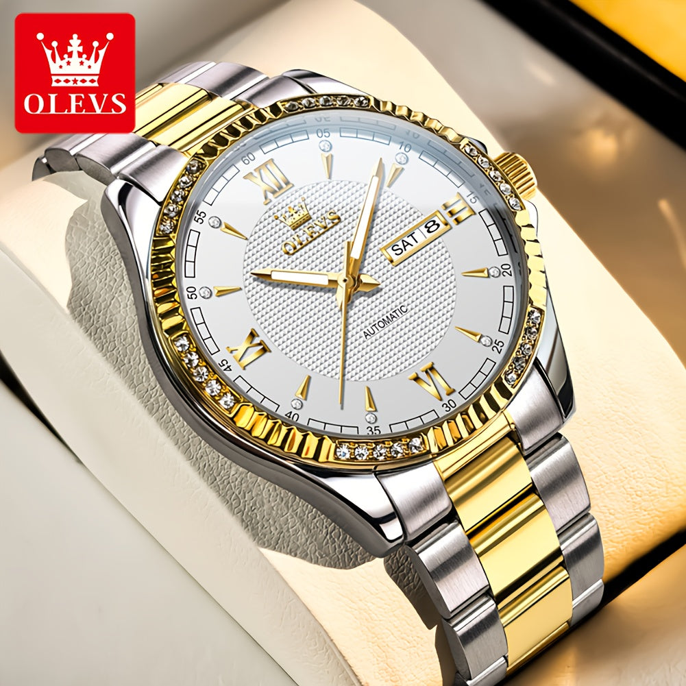OLEVS Luxury Men'S Automatic Mechanical Watch with Luminous Hands & Dual Calendar - Stainless Steel Business Chronograph, Golden-Tone Dial, High Quality (1181.1inch) - Self-Winding Movement, No Battery/Easy Maintenance, Elega