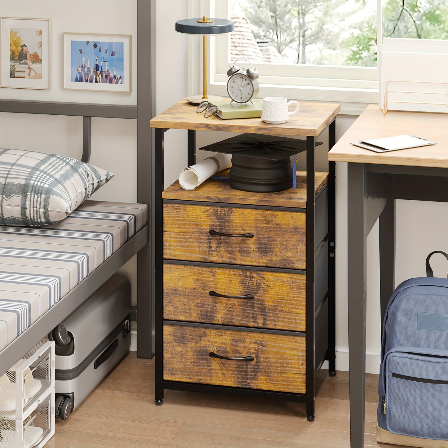 WHONLINE 1/2pcs Night Stand With Charging Station, Nightstand 1/2 Set With 3 Fabric Drawers, End Table With Storage, Night Stand For Bedroom, School And Dormitory Storage, Black End Table, Heavy Duty Night Stand, For Hallowee
