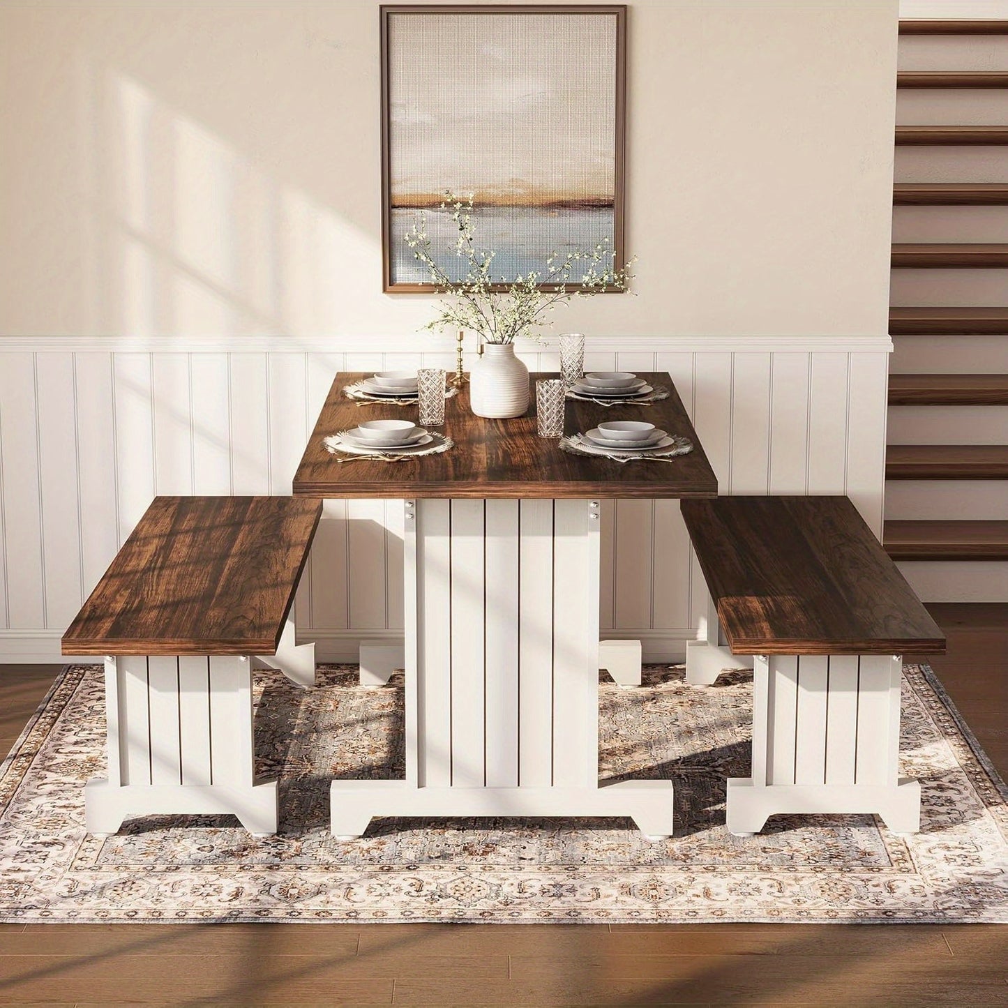 4-Person Dining Table Set with 2 Benches - Modern Kitchen Table with MDF Board, Space-Saving Dinette for Kitchen, Dining Room, Brown and White, Contemporary Style, No Electricity Needed, Dining Table for 4, Kitchen Table, Min