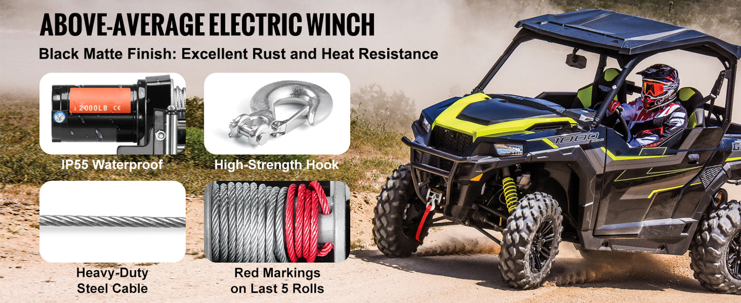 SucceBuy 2000lbs Electric Car Winch ATV/UTV Steel Cable Winch with Wired Remote Control for Towing Off-Road Vehicle Jeep Truck