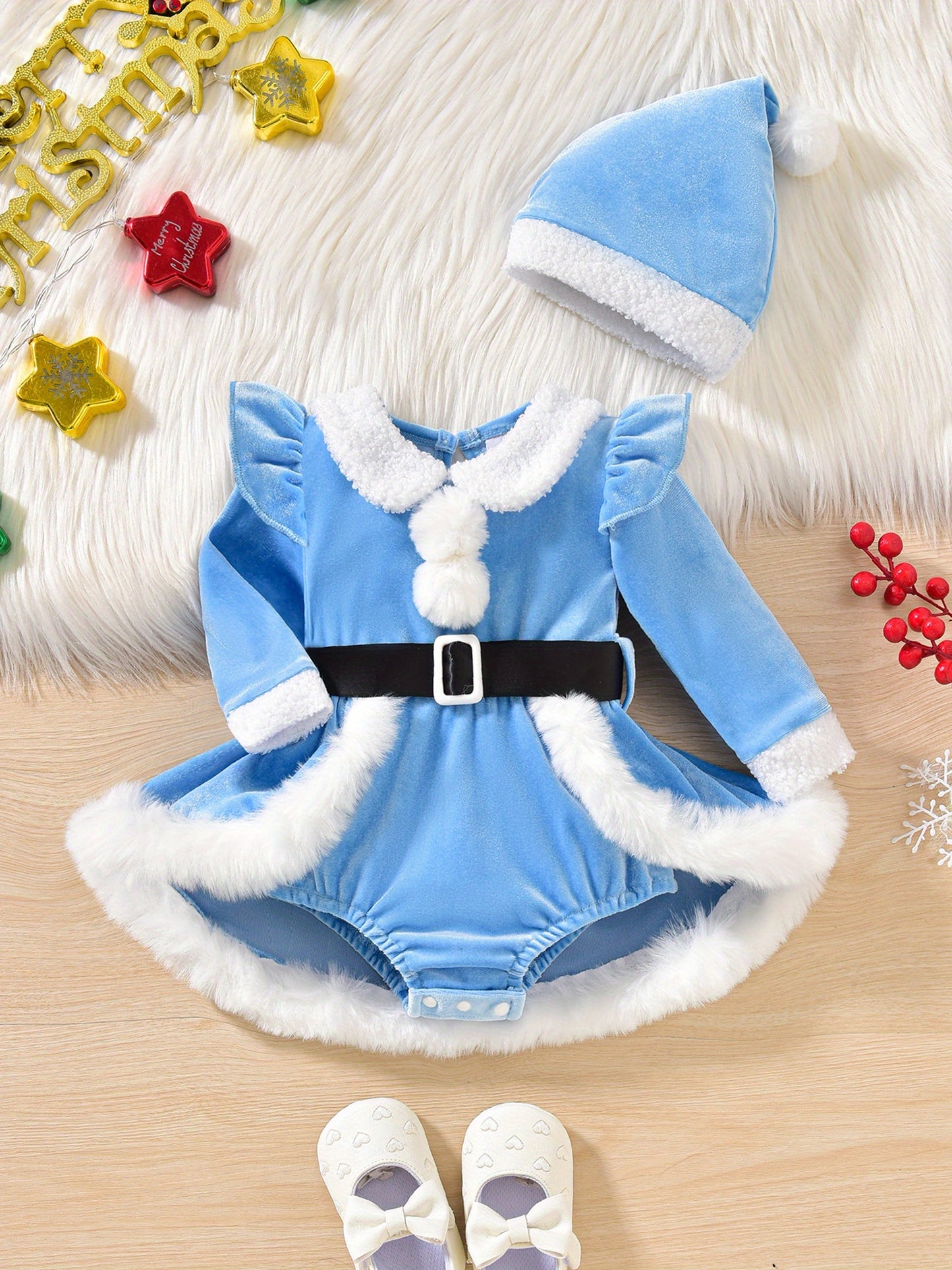 2pcs Set Baby Girls' Plush Patchwork Christmas Romper Dress & Hat Set - Soft Green & White Long Sleeve Jumpsuit with Ruffled Trim, Snap Closure, Cozy Winter Outfit for &, Machine Washable Holiday Outwear (Christmas Party Outf