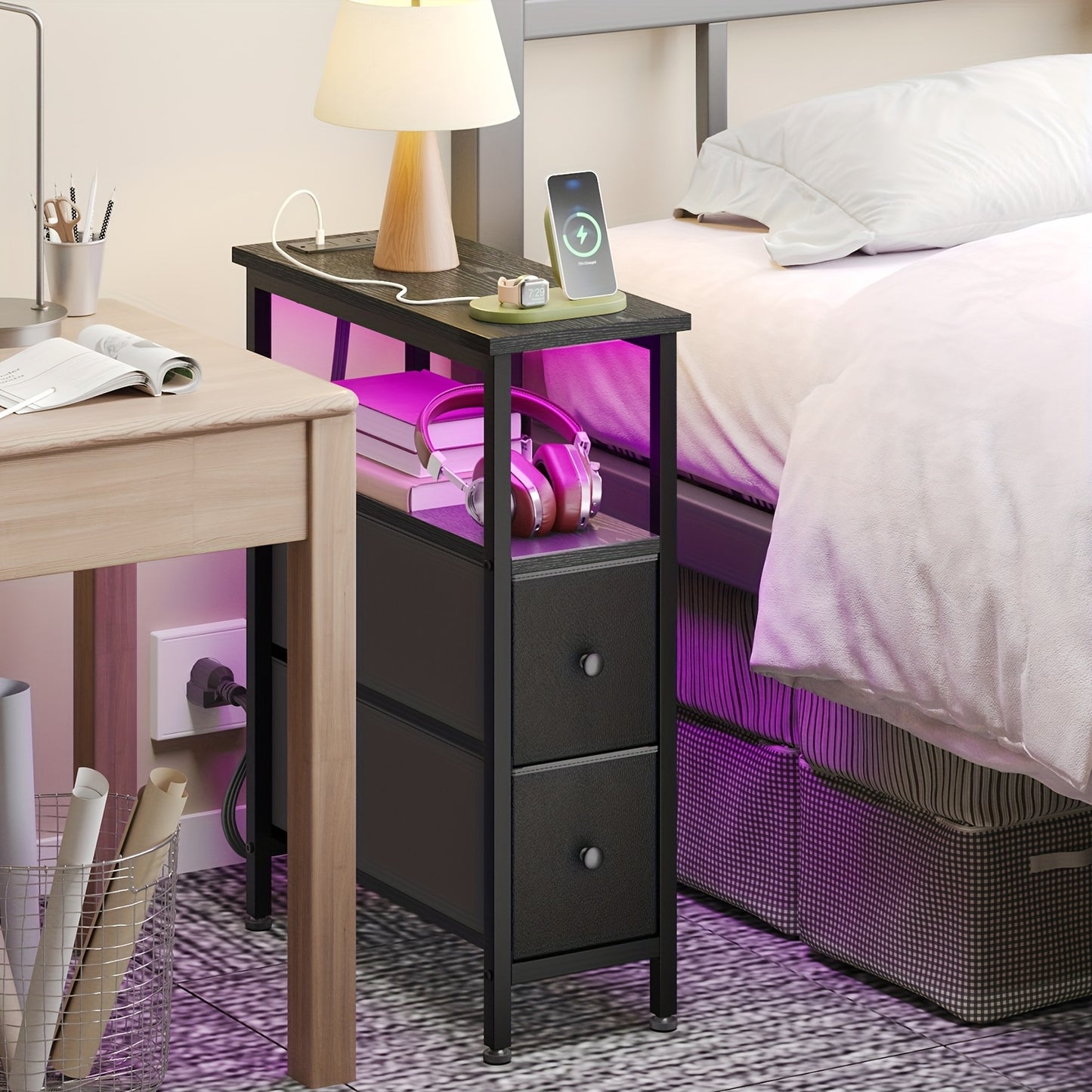 WHONLINE 1pc/2pcs Narrow Night Stand With Charging Station, End Table, Narrow Side Table With 1/2 Fabric Drawers, Skinny Nightstand With Storage, For Living Room, Small Spaces, School And Dormitory Storage, Brown And Black, F