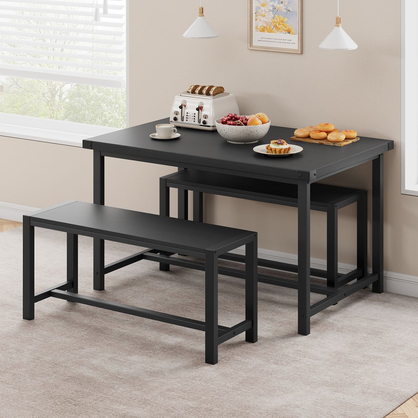 Modern Farmhouse 3pcs Dining Set for 4 with Steel Frame, Space-Saving Benches, and Tabletop, Perfect for Small Apartments and Dinette Areas, Easy Assembly, Dining Table