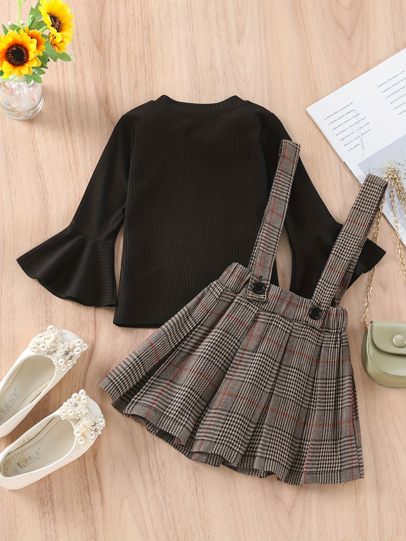 Ribbed Knit Top with Plaid Suspender Skirt Set, Kids Halloween Christmas Party Outfit, Bell Sleeve And Bow Detail