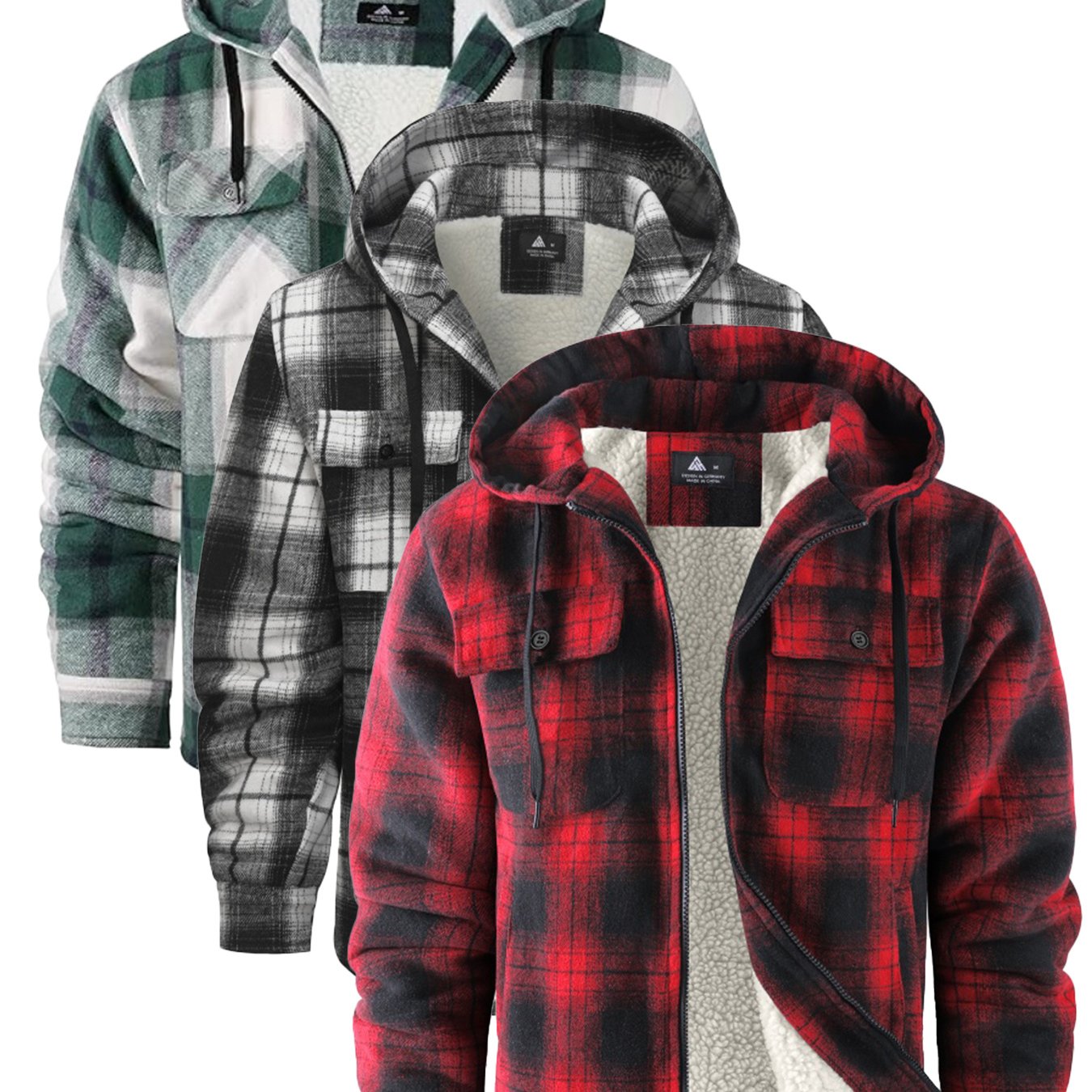 3pcs Sets Fashion Flannel Plaid Shirt Jacket for Men Sherpa Lined Zip Up Hoodies Shirts Jackets