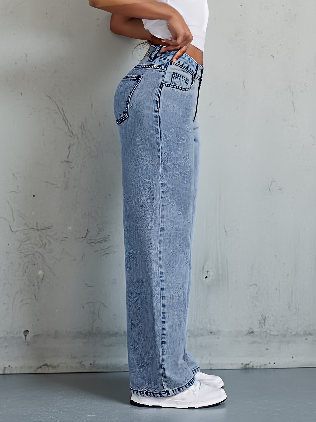 Women'S Plus-Size High-Waist Stretch Straight-Leg Jeans - Opaque Stretch Denim Fabric, Relaxed H-Line Fit with Built-In Zipper Closure, 7/8 Length Ankle, Purple & Light Blue Color Options - All-Season Casual & Formal Wear