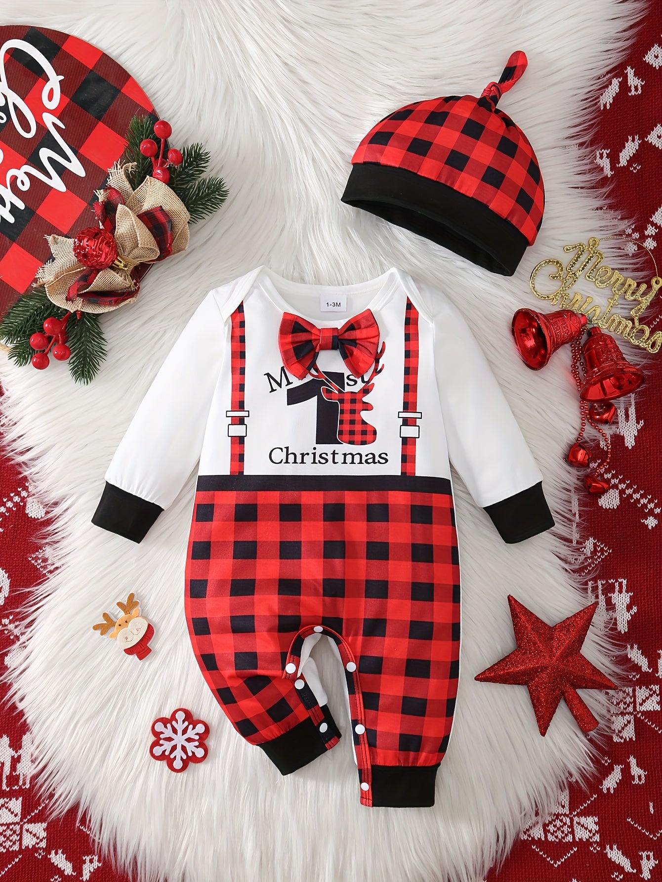 2pcs Baby Boy Christmas Outfit Set - Plaid Jumpsuit & Hat with Merry Christmas Lettering, Red Black White Checkered Romper, Suspenders & Bow Tie, Machine Washable Winter Clothes for (Easy Dressing), Perfect for Outdoor