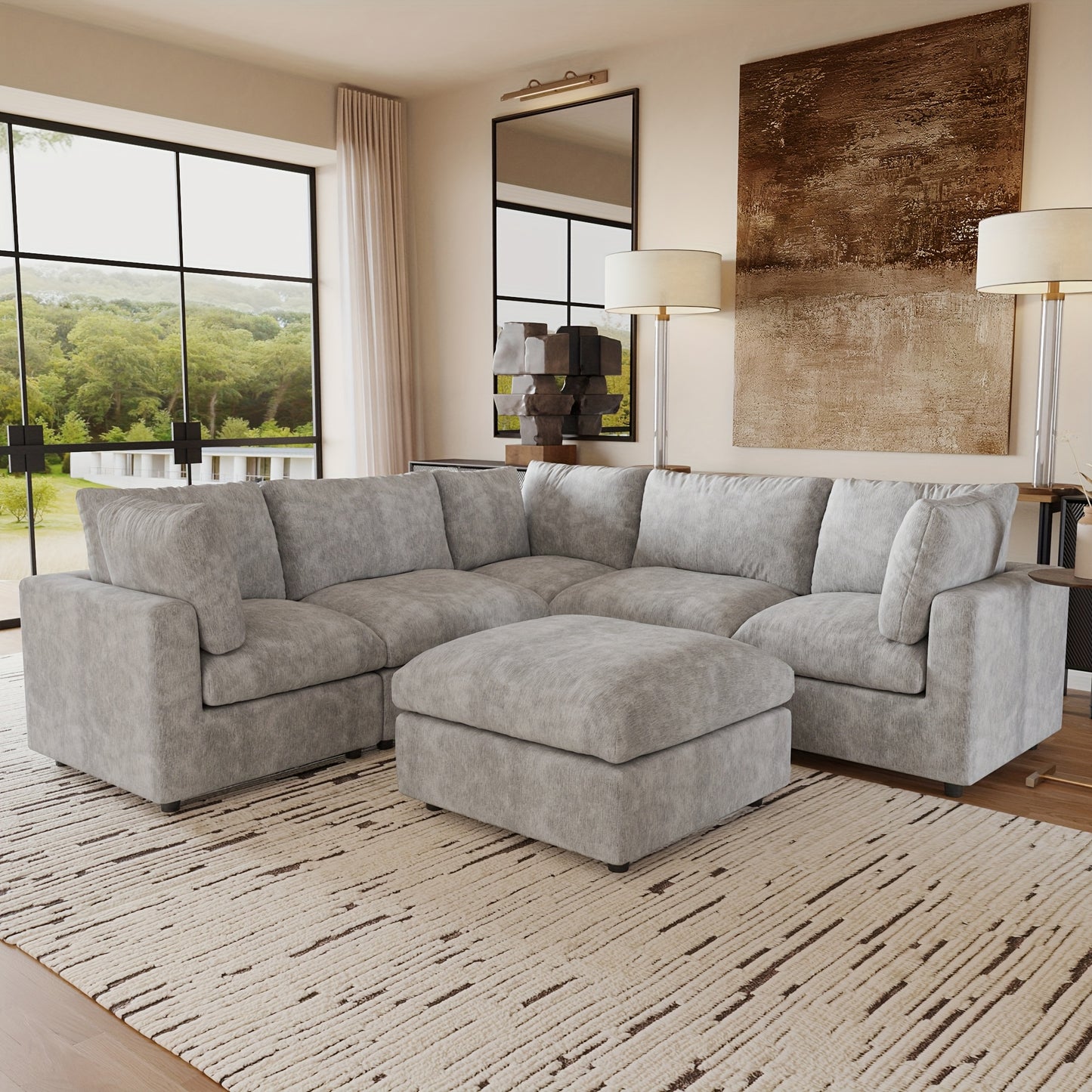 Modular Sectional Sofa Cloud Couch, Oversized 5 Seater Sofa with Ottoman, Extra Large V Shaped Deep Seat Sectional Couches for Living Room, Sofa Covers Washable&Removable