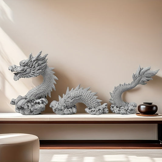 3pcs Set of Chinese Dragon Sculptures- Hand-carved Stone Art Ornaments, Suitable for Home Office Desktop Decoration, Fish Tank Landscaping, Auspicious Feng Shui Ornaments, Tea Pets, and Holiday Gifts, Indoor Ornament, Outdoor