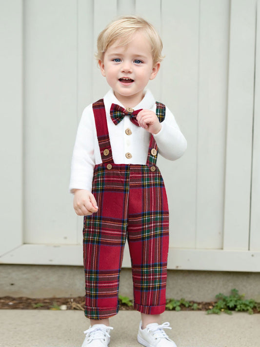 Baby Boy Gentleman Outfit Solid Long Sleeve Lapel Neck Romper with Plaid Suspender Pants and Bow Tie 3pcs Set, for Outdoor