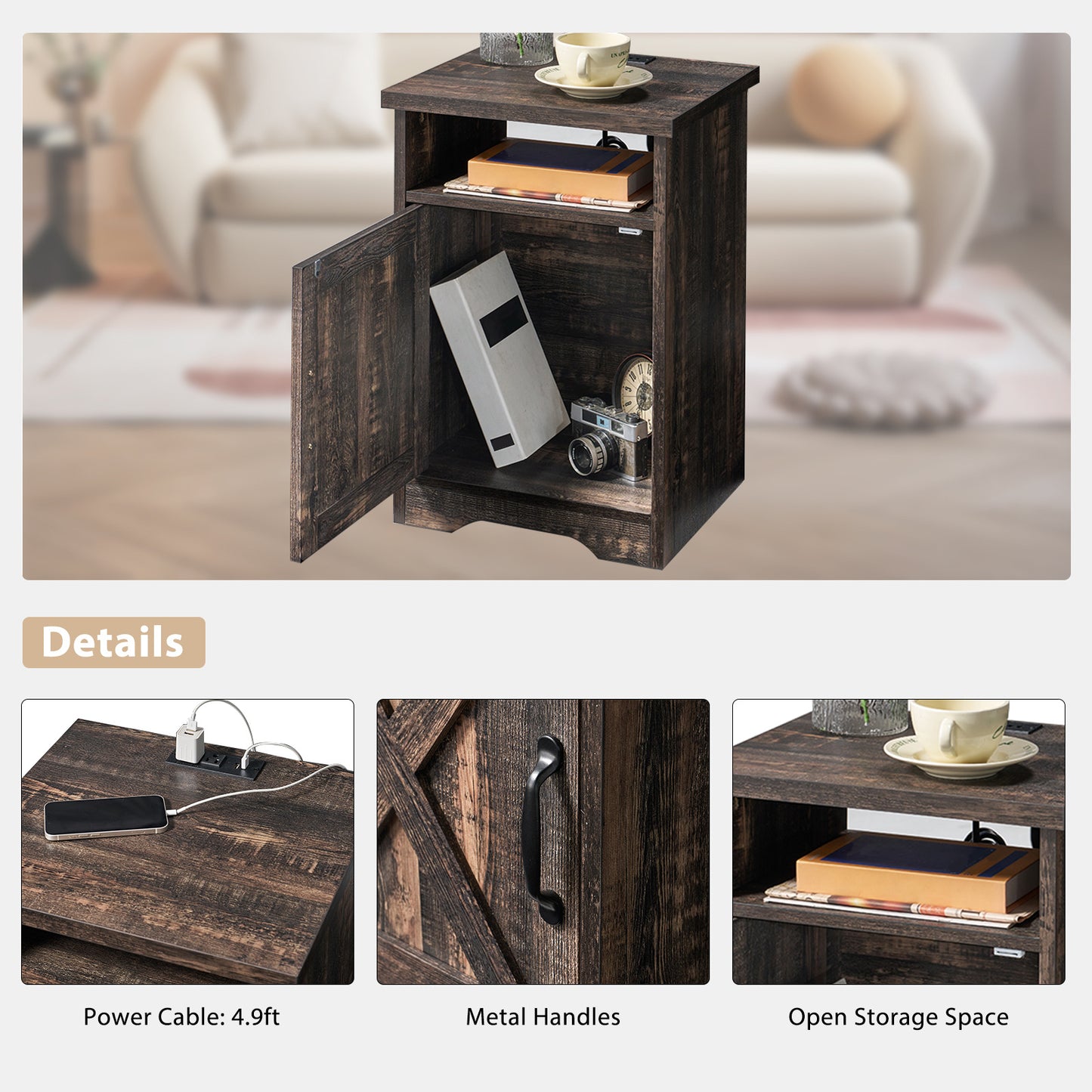 ALBOTT 3pcs Farmhouse Table Set Includes Coffee Table And Two End Tables Side Table with Charging Station And USB Ports for Living Space