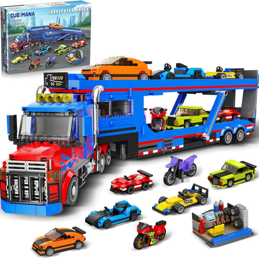 1050pcs Large Building Truck Set with 7 Sports Cars & Motorcycles - Adjustable Ramp, Removable Roof/Cab, Detachable Trailer - STEM for &, Realistic Tow Truck Play, Compatible with City Play