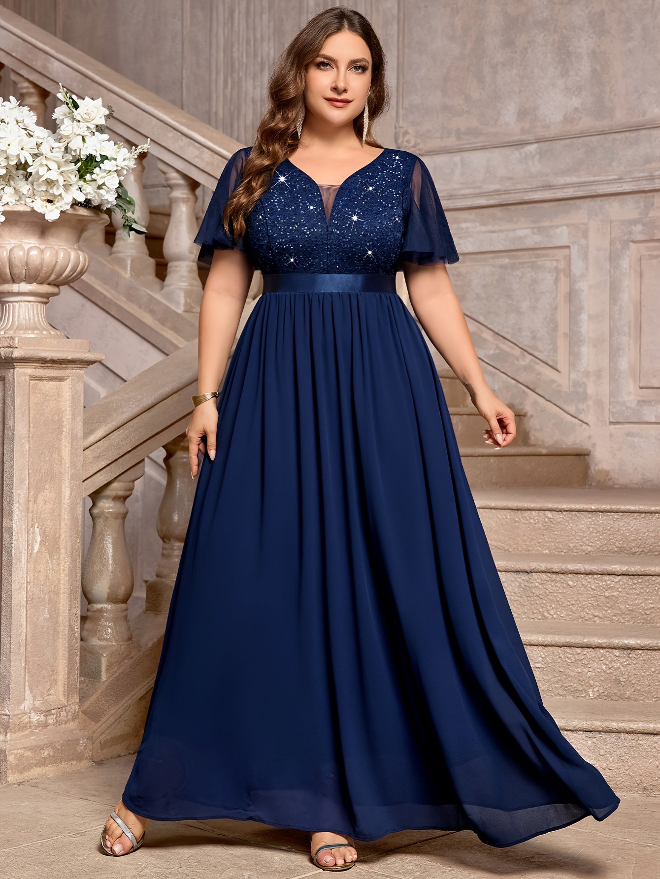 Plus Size - P54385A Elegant Plus Size Sequin Lace Bridesmaid Dress, Sweetheart Neckline With Mesh Ruffle Sleeves, Pleated Chiffon Skirt For Formal Parties, Evenings, Weddings