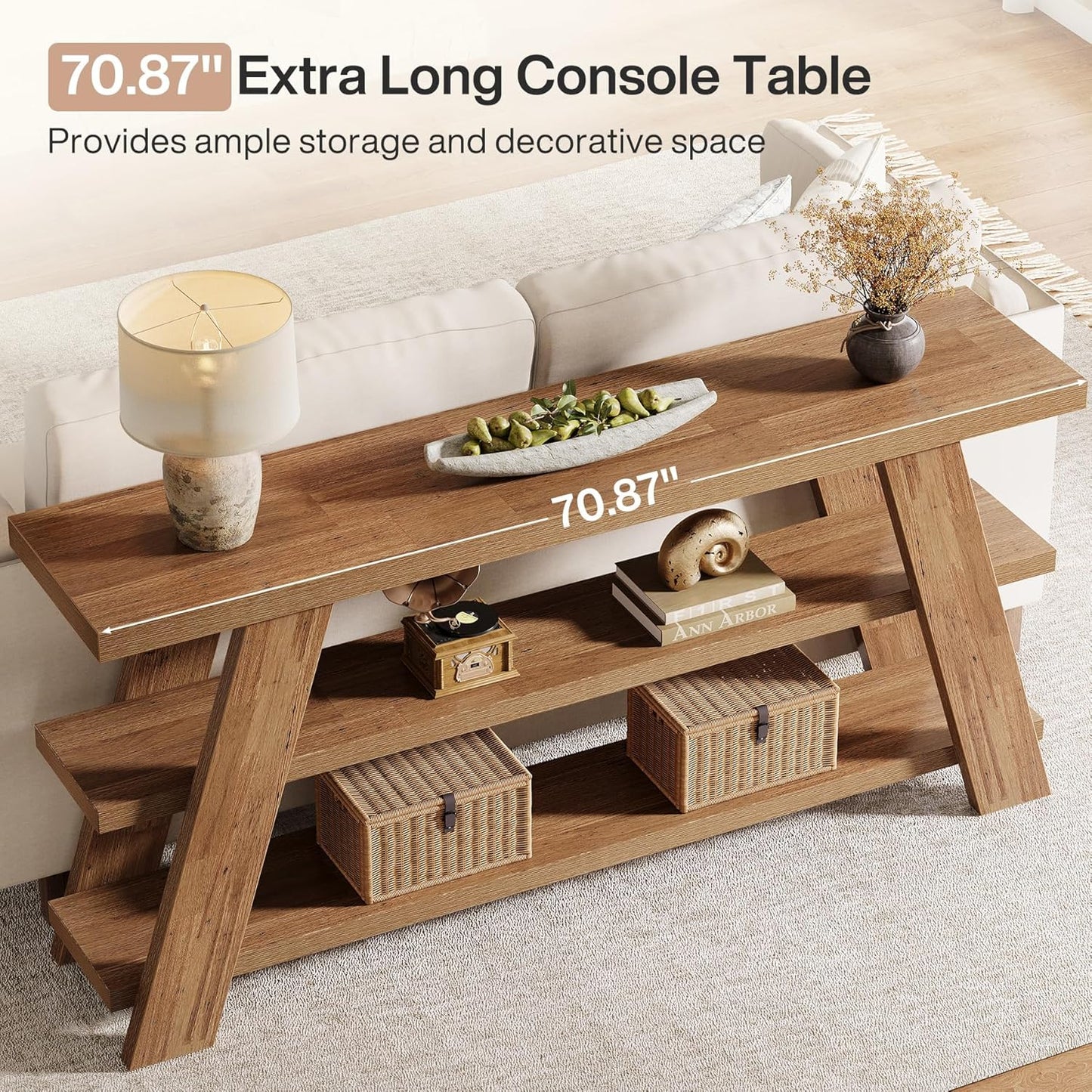 70.9" Extra Long Farmhouse Console Table with 3-Tier Storage - Narrow Sofa Table Behind Couch, Engineered Wood Entryway Hallway Table with Spacious Top & Lower Shelf, Easy Assembly, Brown for Living Room, Foyer, Behind Sofa -