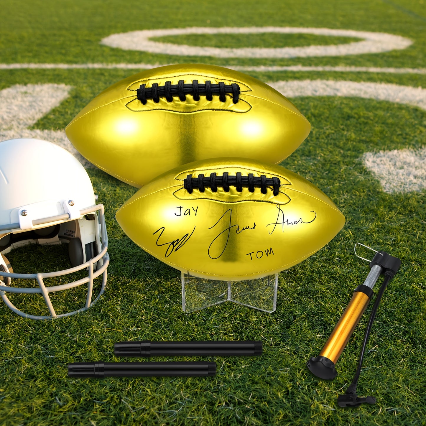 2pcs Autograph Football Basketball Blank Official Size |, Yellow, Includes 2 Stands, 2 Signature Pens, 1 Pump for Fantasy Trophy Anniversary Birthday Graduation