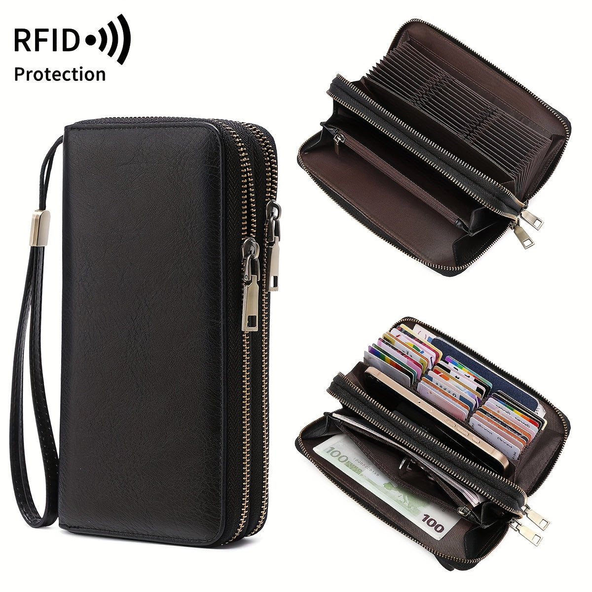 Retro Leopard Print Women'S Double Zipper Multi-Slot Large-Capacity Wallet, Fashion Handbag, Lining, RFID Blocking, Multi-Function Credit Card Clip, Women'S Clutch Bag with Wristband, Birthday Gift, Valentine'S Day Gift