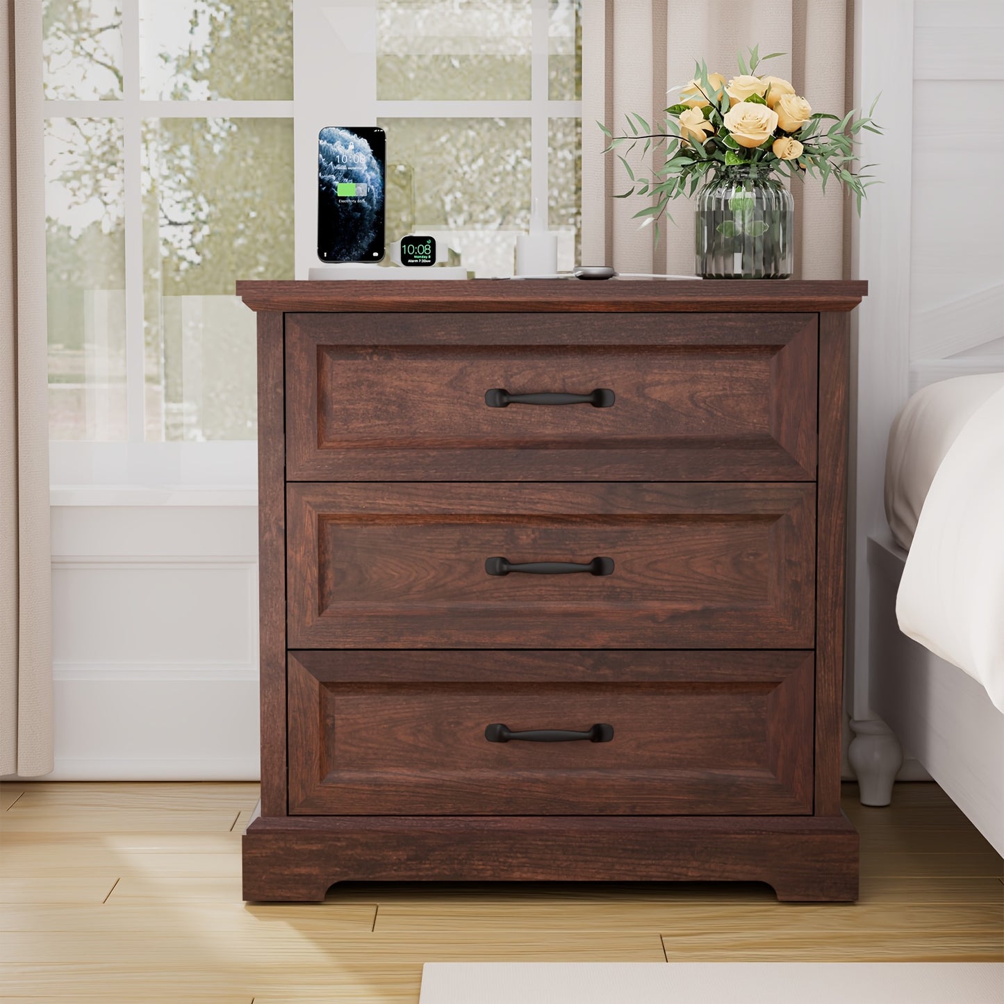 Wooden Bedside Table Featuring a Charging Station, Equipped with Three Drawers And Metal Handles, Perfect for Bedroom Storage.