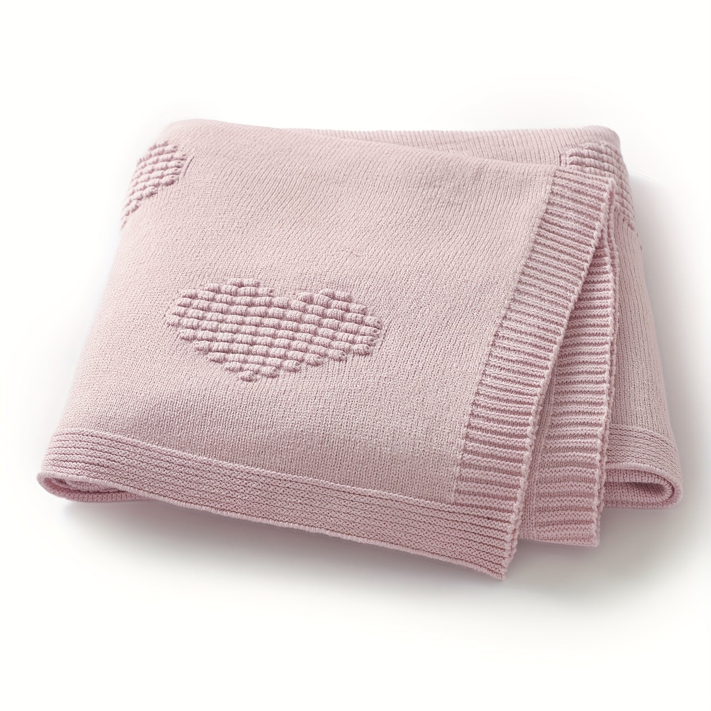 Ultra-Soft Knitted Baby Blanket with Heart Pattern - Adhesive Material, All-Season Lightweight & Warm, Pastel Pink for Newborns 0+ Months, Swaddle Blanket for Sleep, Playtime & Home Decor