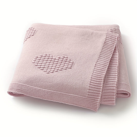 Ultra-Soft Knitted Baby Blanket with Heart Pattern - Adhesive Material, All-Season Lightweight & Warm, Pastel Pink for Newborns 0+ Months, Swaddle Blanket for Sleep, Playtime & Home Decor