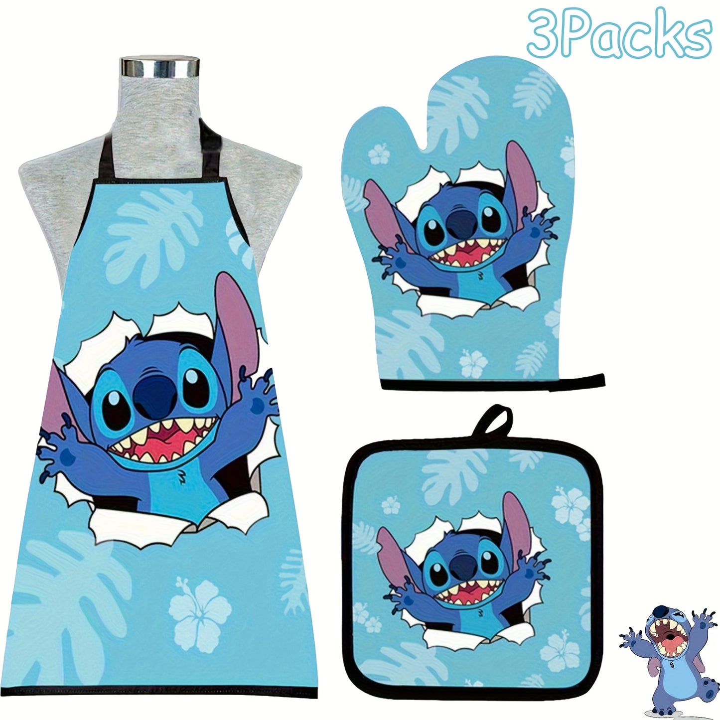 Stitch kitchen three-piece set, including a Stitch apron, gloves, and heat-resistant mat, Party Favors, adding fun to your cooking time and joy to your culinary creeations.ations., Kitchen Essentials, Culinary Gifts, Themed A