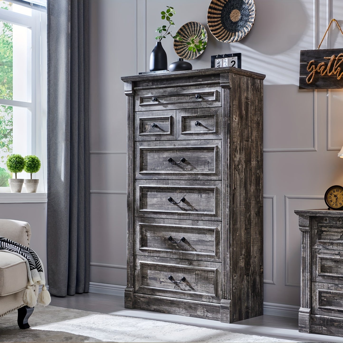 57" Tall Farmhouse Dresser with 7 Drawers, Wooden Storage Chest Featuring Roman Columns for Bedroom Or Hallway | Wooden Decoration