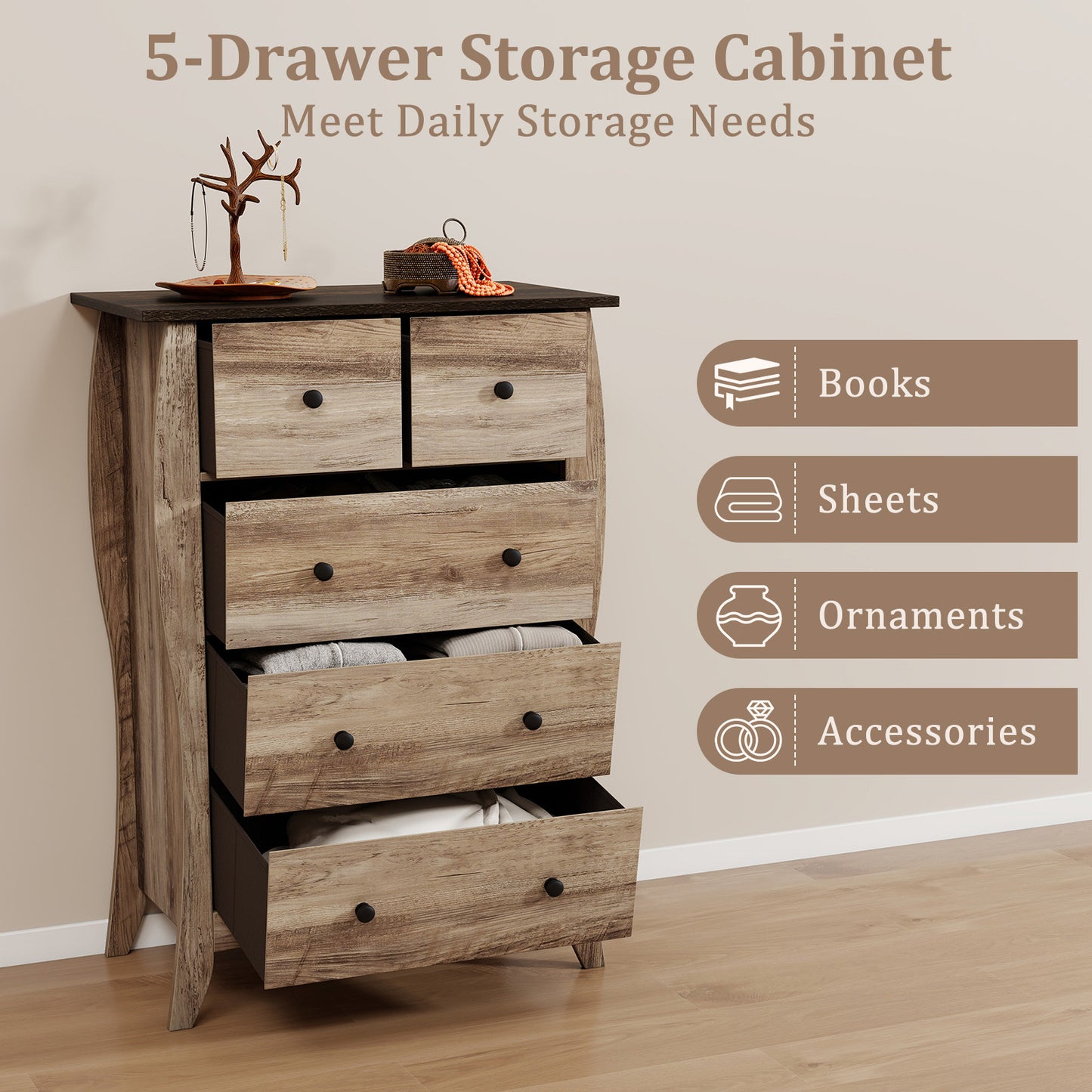 COSTWAY 30" Modern Farmhouse Dresser with 3 Spacious Folding Fabric Drawers - Sturdy Hardwood-like Construction, Anti-Tip Safety System, Freestanding Storage Cabinet with Curved Legs & Knobs, Grey/Brown for Bedroom, Nursery