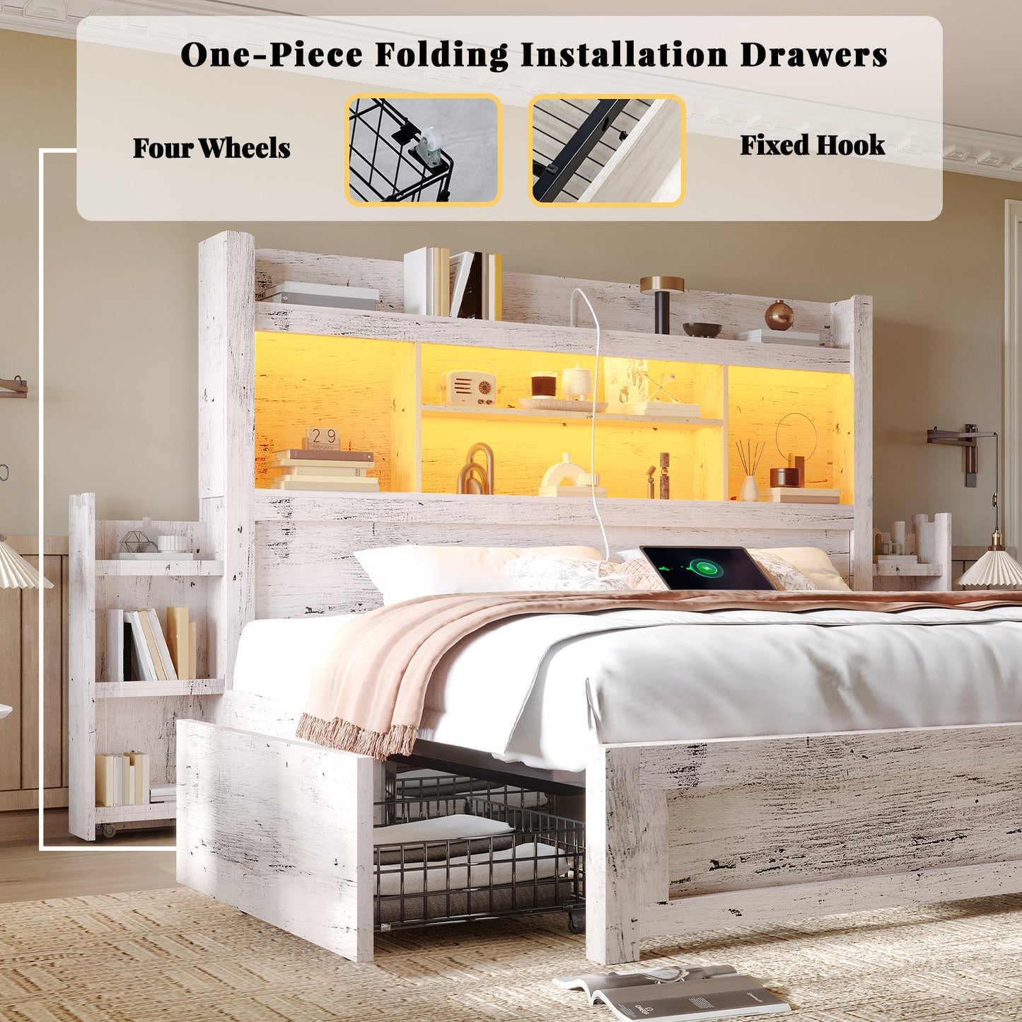 PAPABABE Bed Frame Featuring a 49.6-Inch Bookcase Headboard, Four Drawers, And Two Removable Storage Racks - a Farmhouse-Style Wooden Bed Frame Equipped with RGB LED Lights And a Charging Station, No Box Spring Required