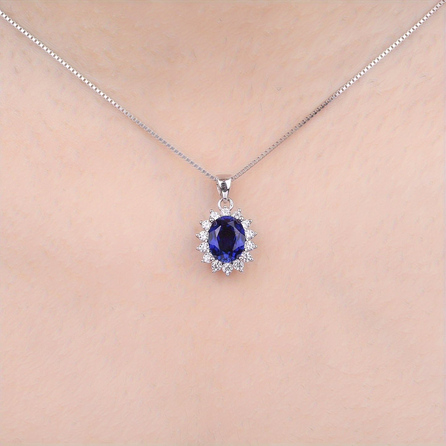 1pc 925 Sterling Silver Elegant And Glamorous Classic Design Exquisite Multi-faceted Oval Cut Created Blue Sapphire Birthstone Silvery Pendant Necklace For Women For Prom Party Banquet For Dating Gift Fine Jewelry