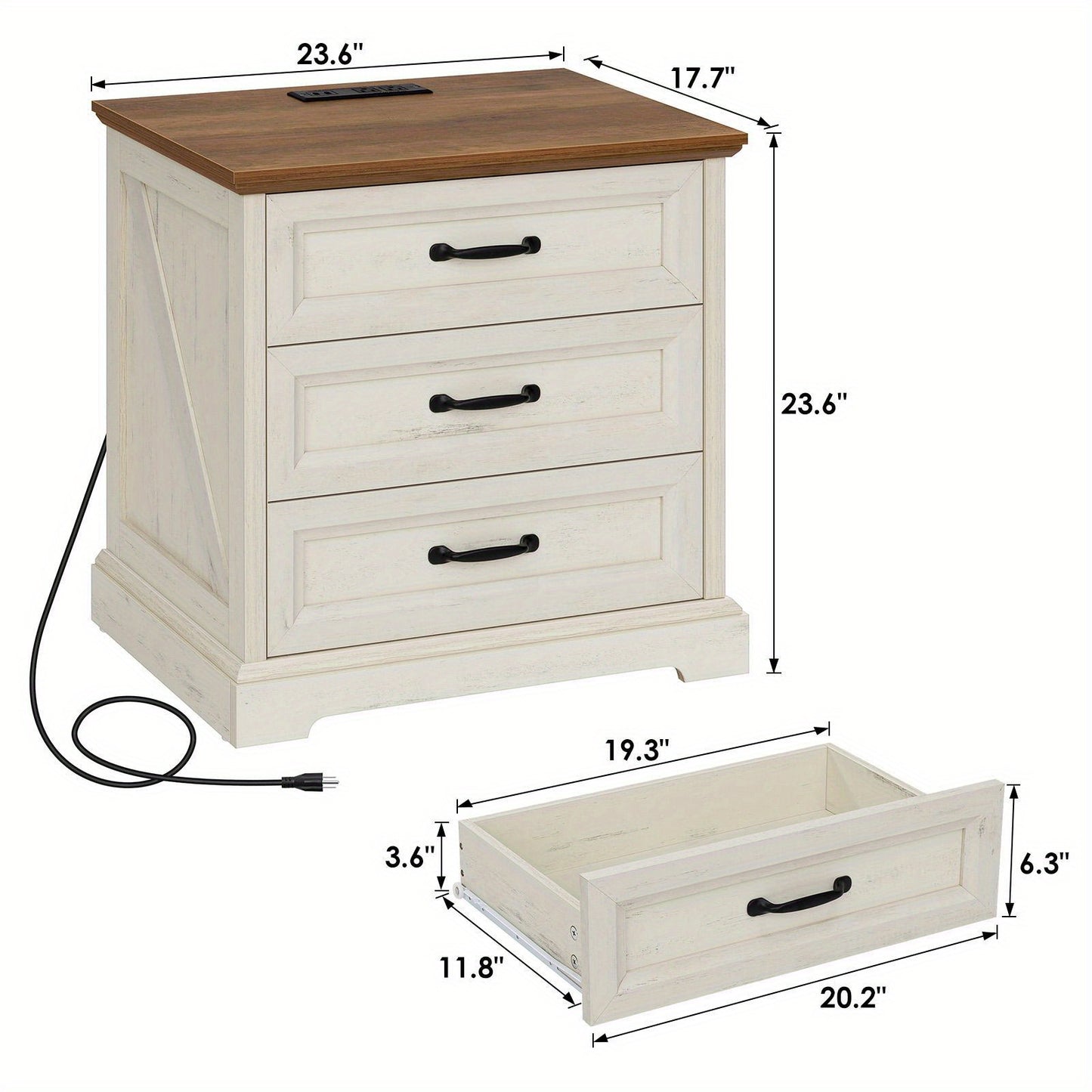 Wooden Bedside Table Featuring a Charging Station, Equipped with Three Drawers And Metal Handles, Perfect for Bedroom Storage.