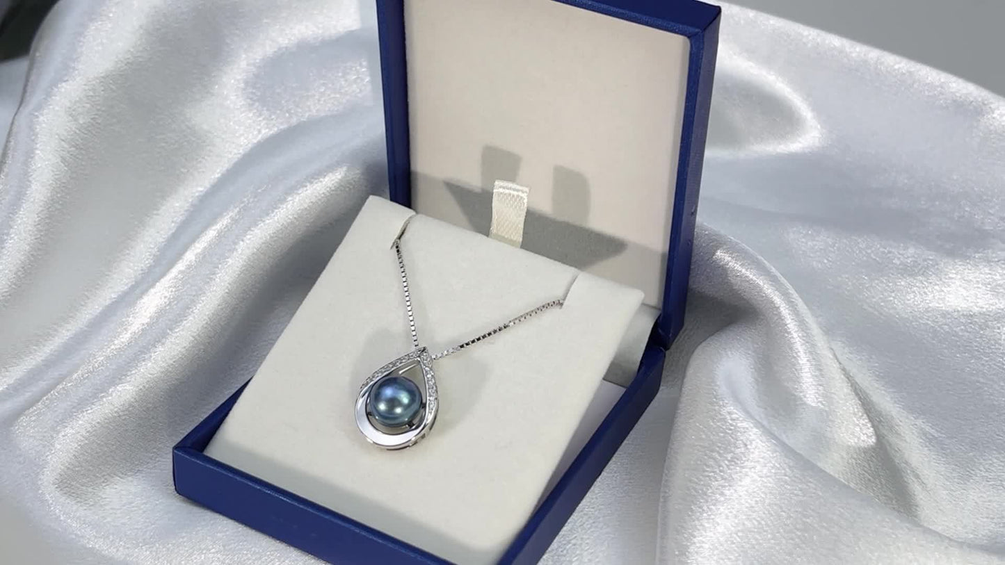 S925 Elegant Teardrop Style Cultured Black Pearls Necklace And Earrings Set