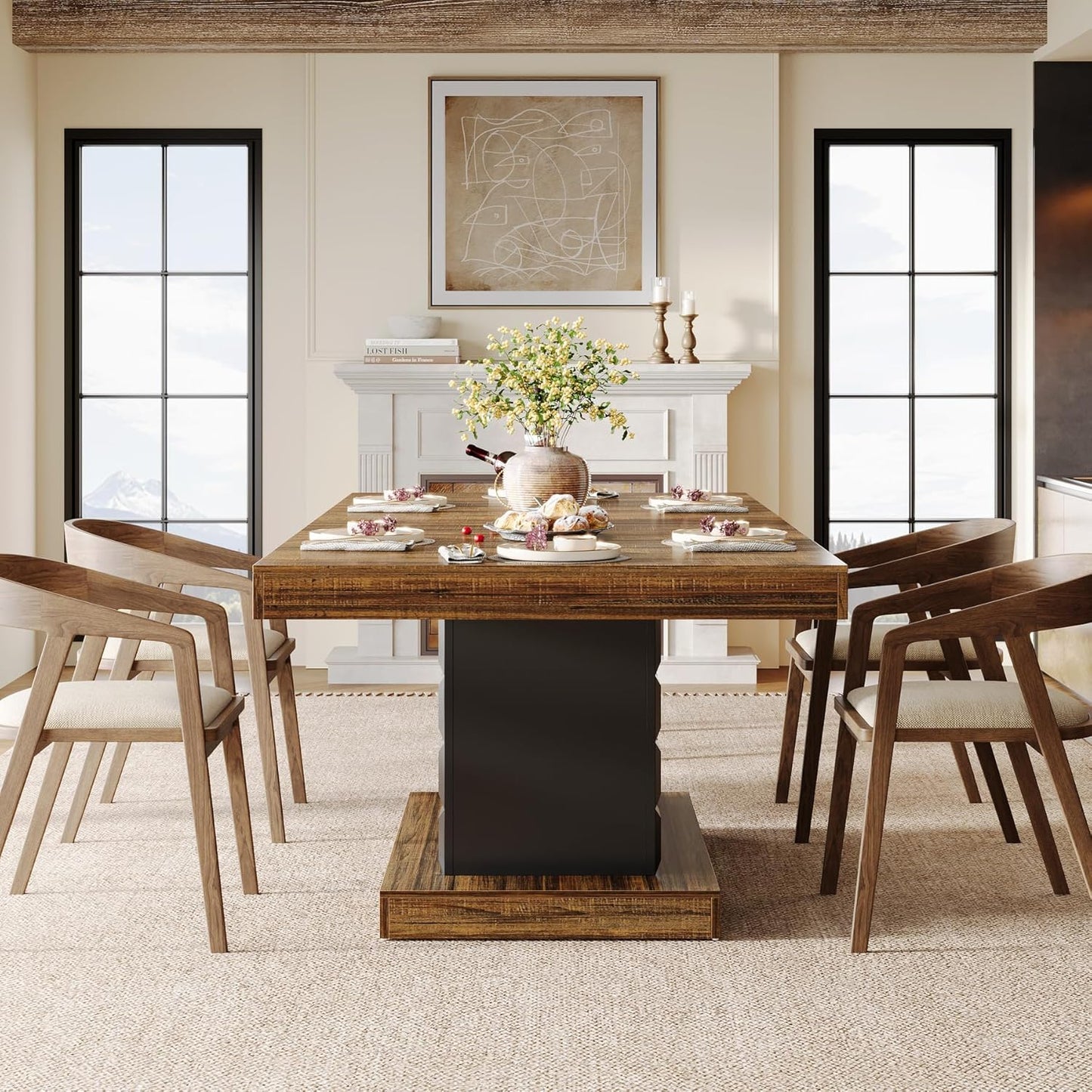 63" Farmhouse Dining Table Extension - Modern Rectangular Kitchen Table for 4-6 people with Brown Wood-like top & Sturdy Pedestal Base, Heavy-Duty MDF Construction, Easy Assembly - Perfect for Dining Room, Kitchen, or Enterta
