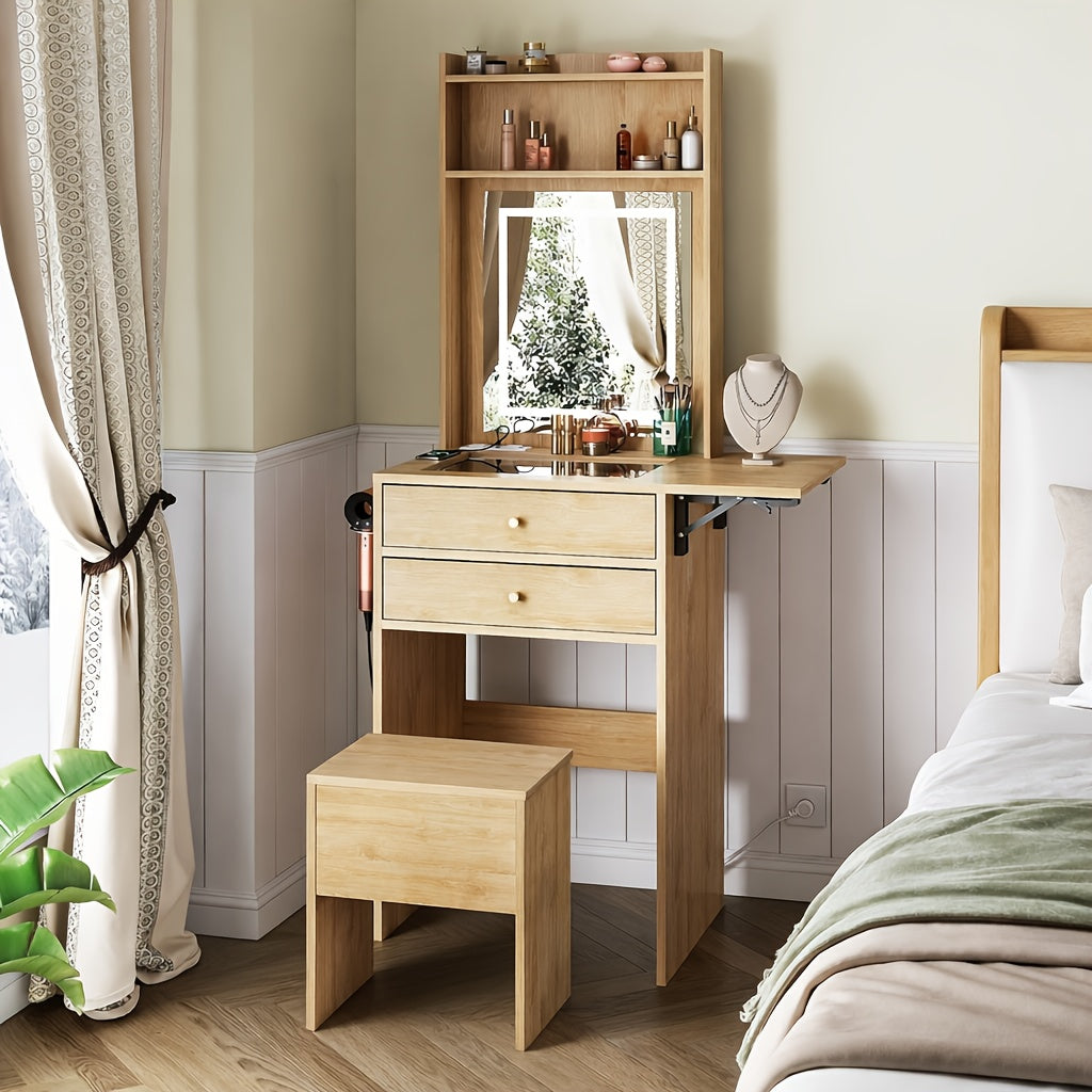 Space-Saving Vanity Desk with Illuminated Mirror, Folding Top, 2 Drawers, Charging Station And Matching Chair for Bedroom Or Apartment