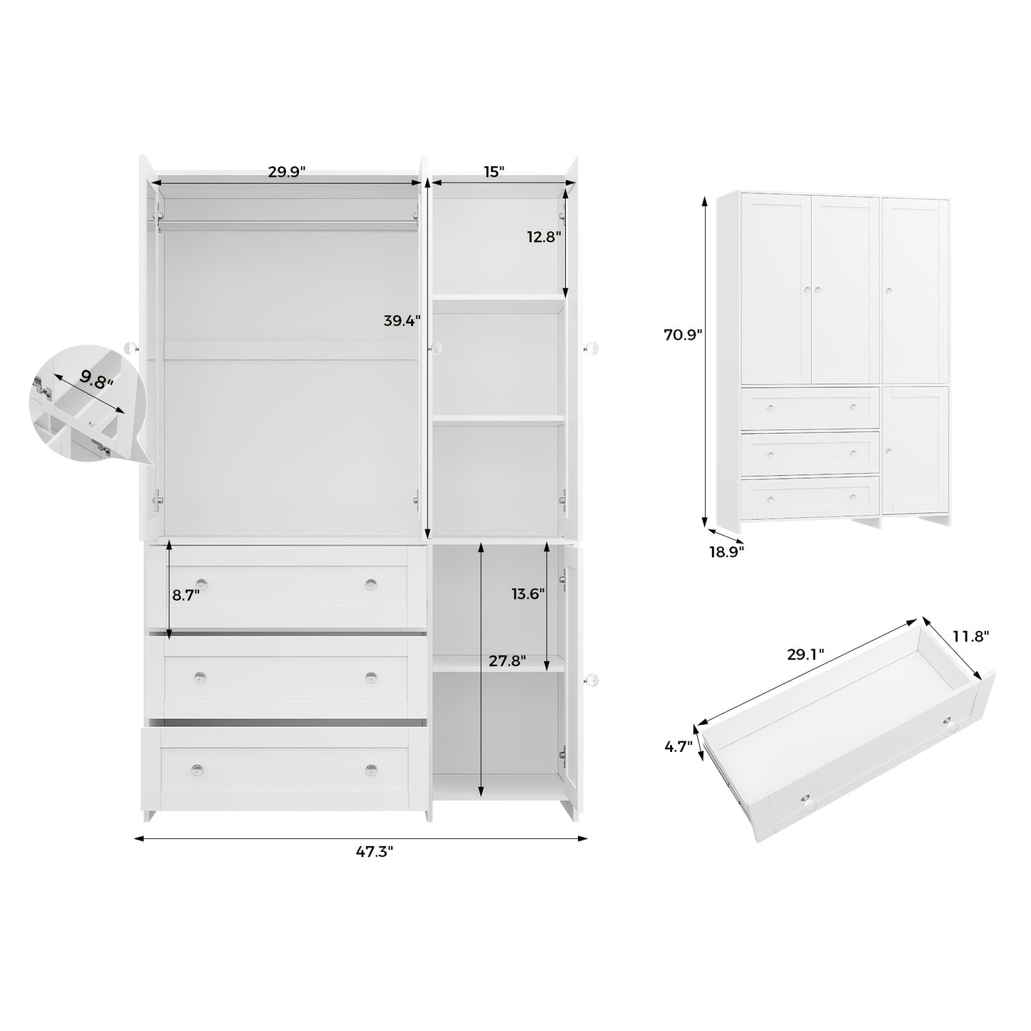 47"/63" Large Modern Armoire Wardrobe Closet with Mirror Door, Hanging Rod, Drawers & Shelves - -Standing Dresser Suitable for Bedroom, Assembly, Wood & MDF