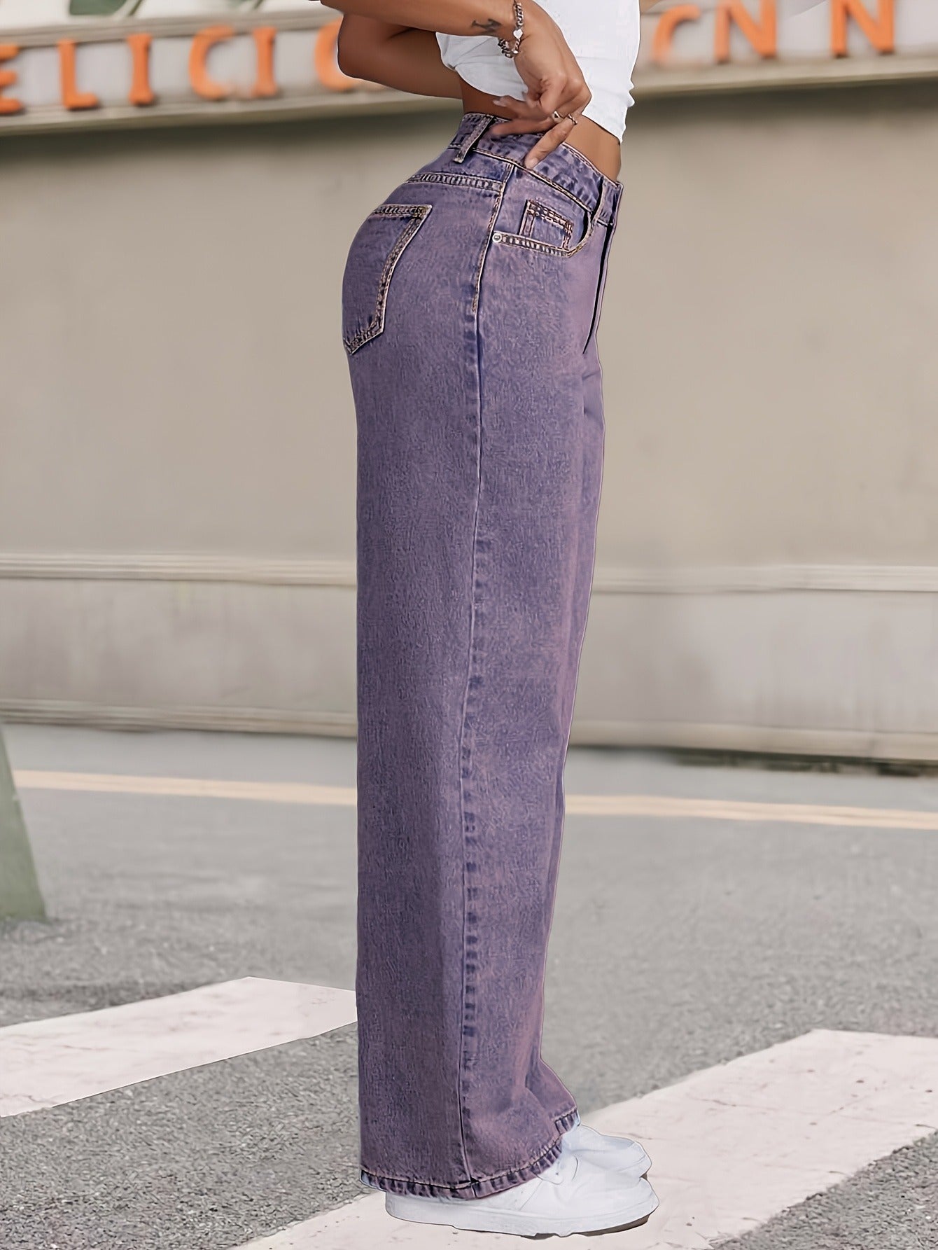 Women'S Plus-Size High-Waist Stretch Straight-Leg Jeans - Opaque Stretch Denim Fabric, Relaxed H-Line Fit with Built-In Zipper Closure, 7/8 Length Ankle, Purple & Light Blue Color Options - All-Season Casual & Formal Wear