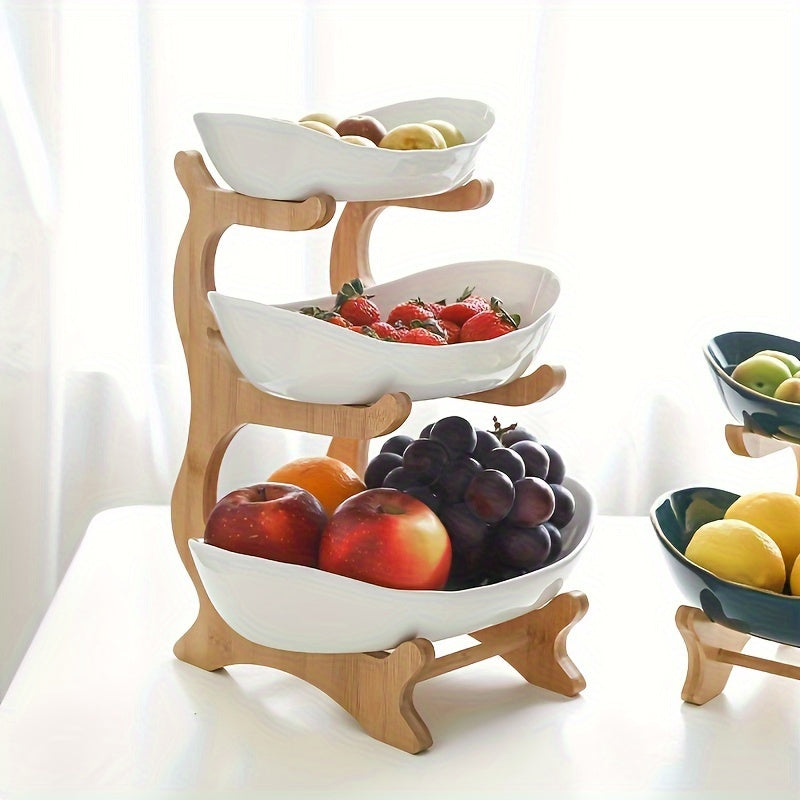 2/3 Tier Luxurious Wooden Elegant Fruit Stand- Double Layer Fruit Bowl and Creative Candy Display- Made of Natural Wood, Suitable Snack Tray for Living Room, Space-saving Design, Easy to Assemble, Father'S Day Gift, Kitchen D