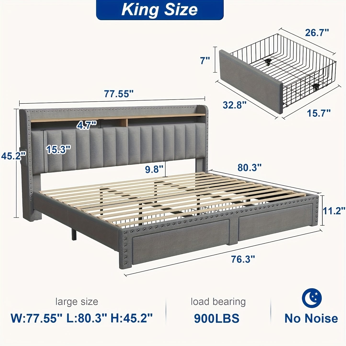 Soft Upholstered Bed Frame with 2 Storage Drawers Full/Queen/King Size Low Profile Platform Bed Base, Heavy Duty 1000lbs Steel Frame, No Box Spring Needed for Apartments/Dorms | Easy Assembly (Gray/Beige)