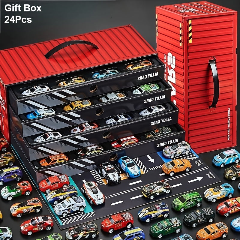 24pcs / 48pcs Pull-Back Racing Car Model Set | Various Iron Alloy Simulation Racing Include Map, Parking Lot, And Four-Story Garage | Gift Box Collector'S Edition with Rich Interactive Experience | Ideal for Christmas, Birthd