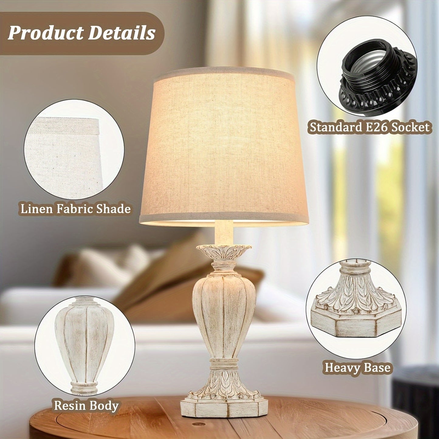 Pair of 19-Inch Farmhouse Table Lamps, Rustic Nightstand Lamps for The Bedroom, White Traditional Bedside Desk Lamps Featuring Vintage Beige Fabric Shades Suitable for The Living Room