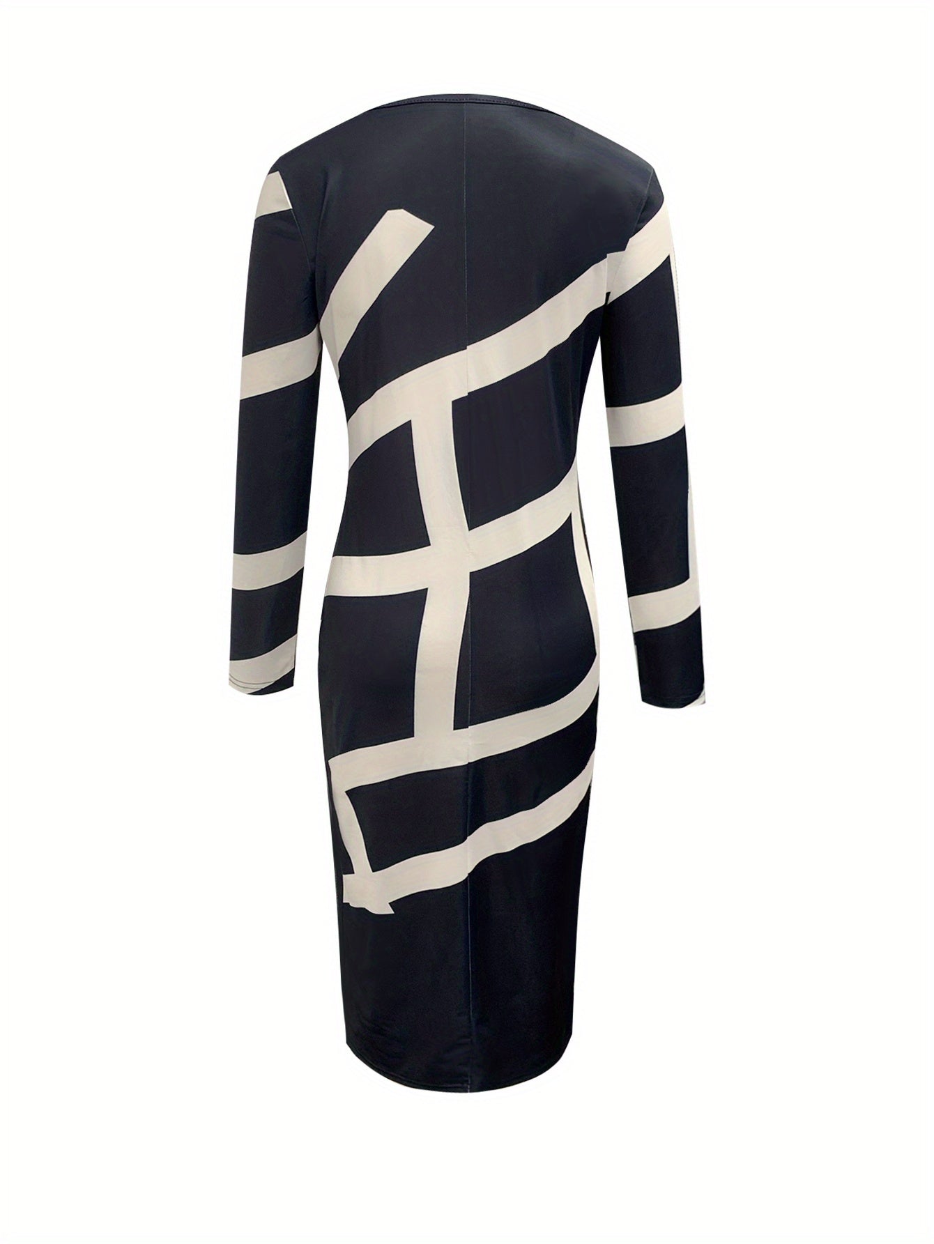 Plus Size - Women'S Plus Size Elegant Striped Midi Dress - Navy Blue & Beige Round Neck Long Sleeve, Machine Washable, Perfect for Office to Casual Spring/Autumn Wear, Formal Attire, Chic Fashion, Formal Attire | Chic Striped