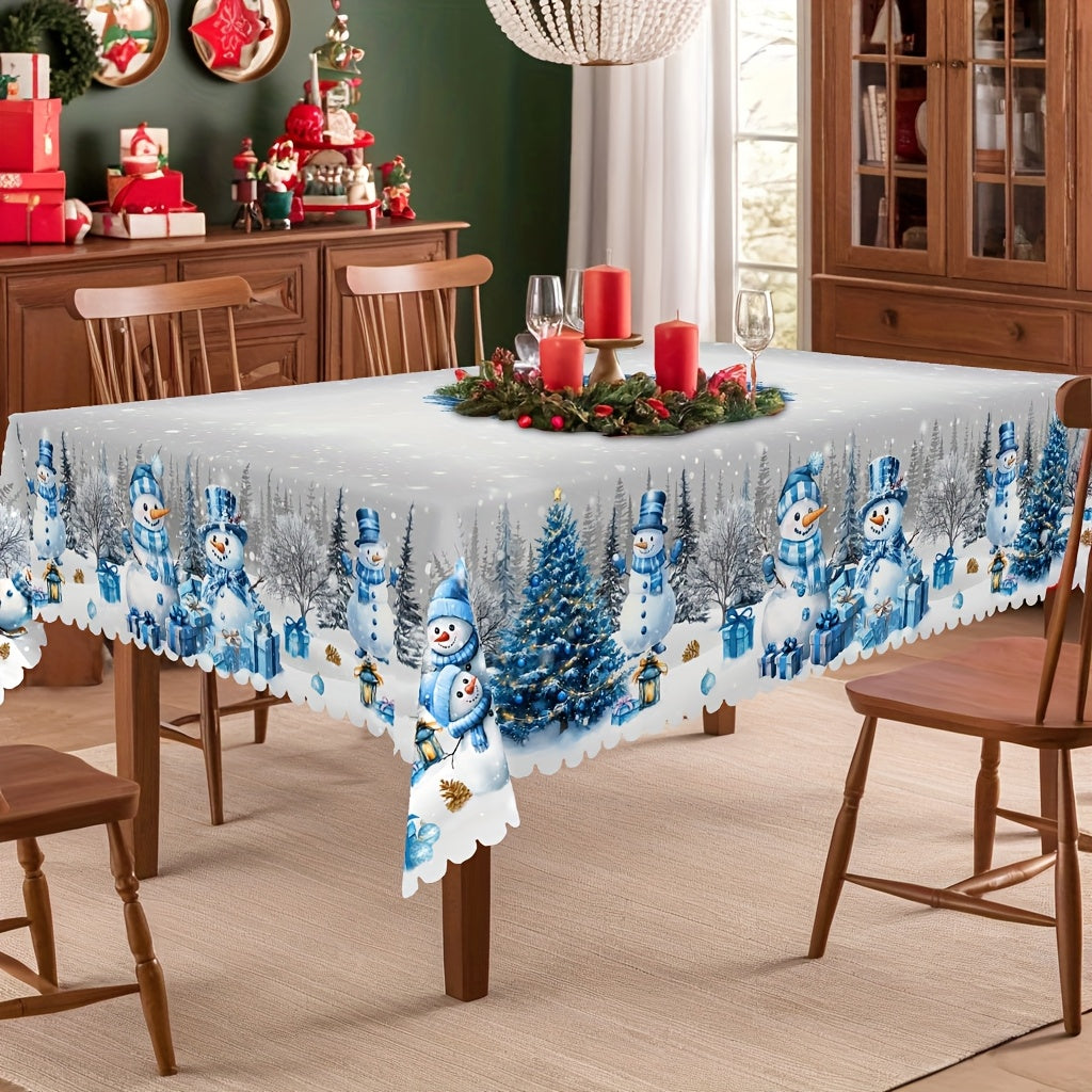 1pc Merry Christmas Themed Printed Tablecloth, Farmhouse Style, Snowman, Christmas Tree Pattern Design, Christmas, New Year Gatherings, Parties Decor, Kitchen Accessories, Room&Outdoor Decor, Gift to Friends, Rectangular&Roun