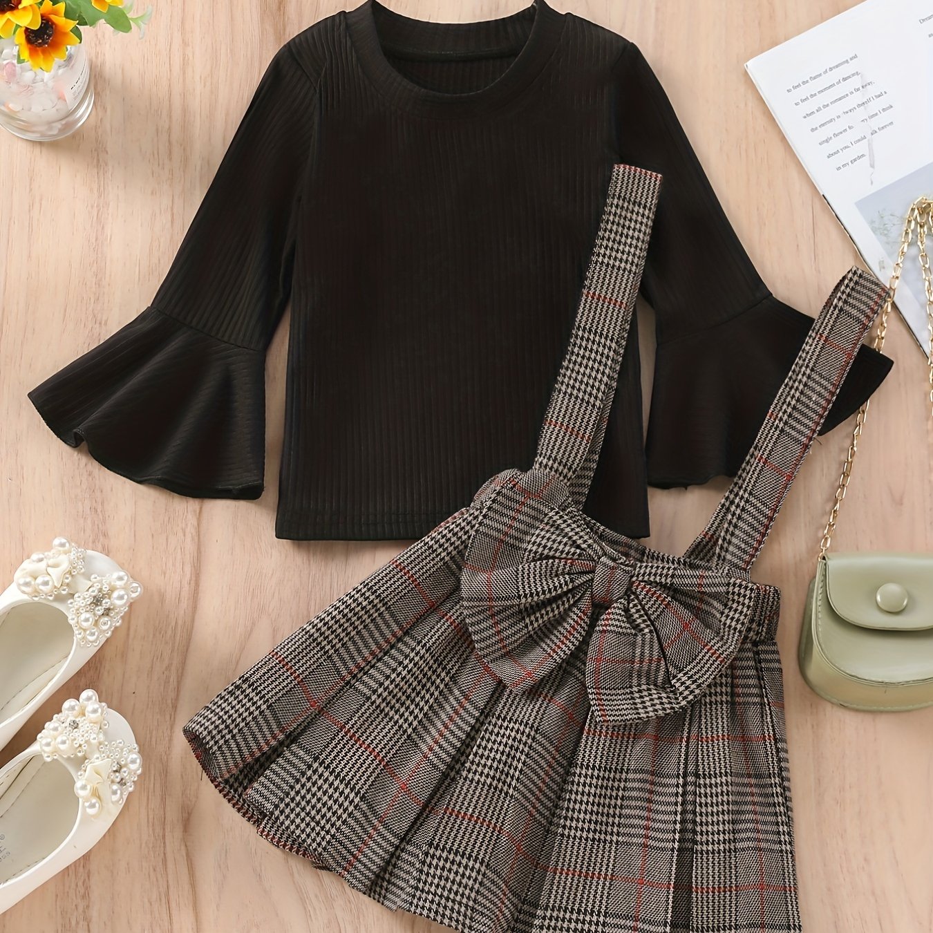 Ribbed Knit Top with Plaid Suspender Skirt Set, Kids Halloween Christmas Party Outfit, Bell Sleeve And Bow Detail