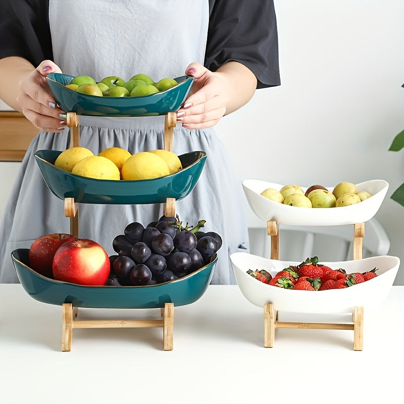 2/3 Tier Luxurious Wooden Elegant Fruit Stand- Double Layer Fruit Bowl and Creative Candy Display- Made of Natural Wood, Suitable Snack Tray for Living Room, Space-saving Design, Easy to Assemble, Father'S Day Gift, Kitchen D
