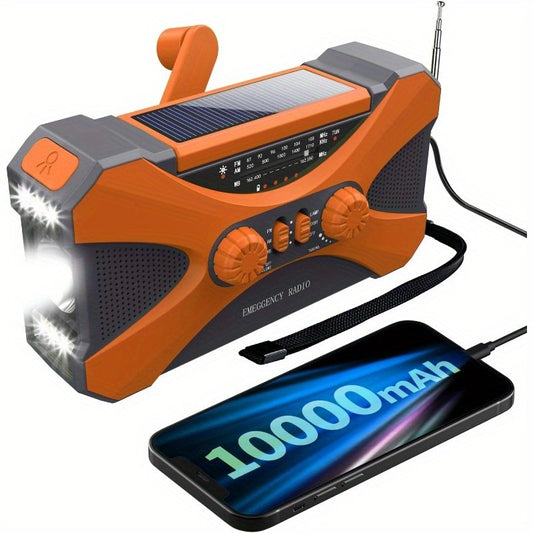 10000mAh Emergency Solar & Hand Crank Radio with Flashlight, SOS Alarm, Cell Phone Charger, and Headphone Jack - Portable AM/FM/WB Weather Radio in Orange for Camping, Hiking, and Survival, Solar Powered Emergency Radio