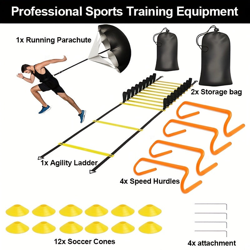 20 Feet Non-slip Agility Ladder Set + 12 Cones 4 Obstacles + Running Umbrella Basketball Soccer Training Speed Training Equipment Youth Physical Fitness Equipment Indoor And Outdoor Agility Training Hot Deal Free Storage Bag