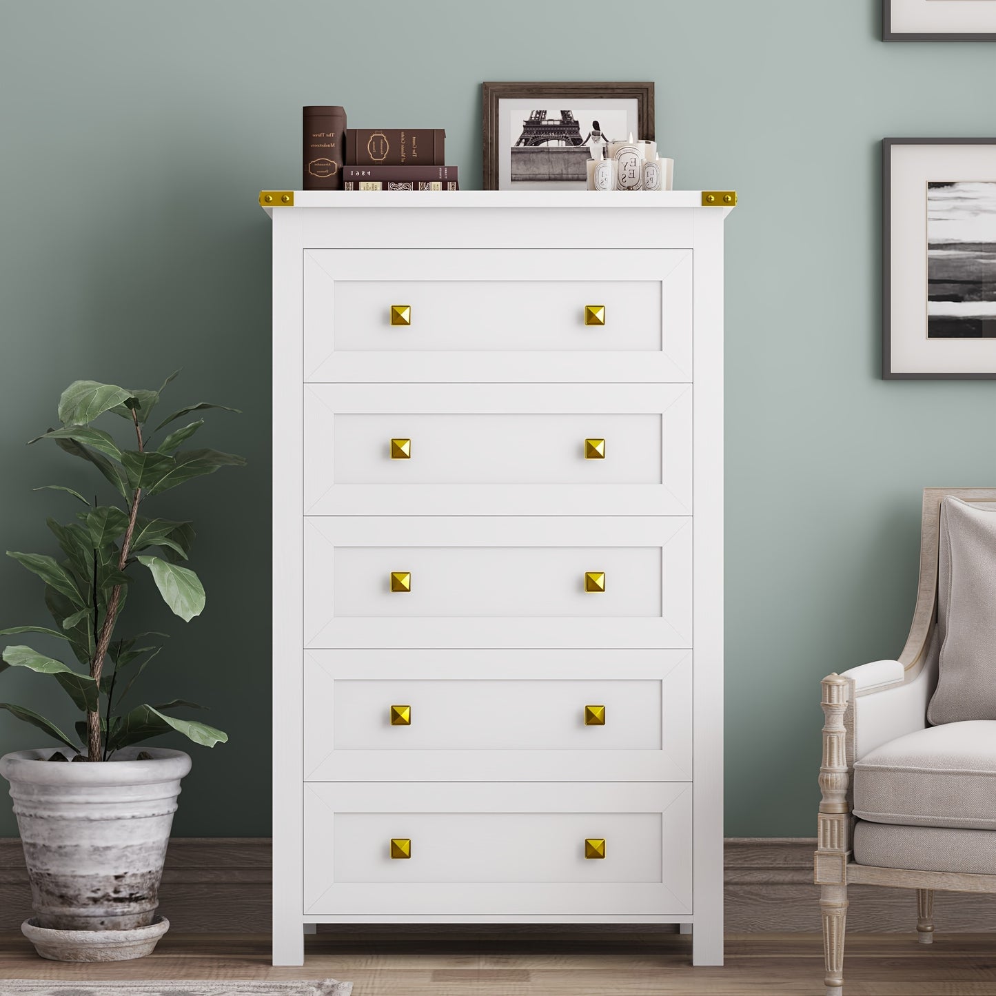 Dresser for Bedroom, Vertical 5 Drawer Dresser, Tall Wood Dresser Storage Organizer, Modern Narrow Slim Nightstand Bedside Table of Drawers for Hallway, Living Room, Dorm, Entryway